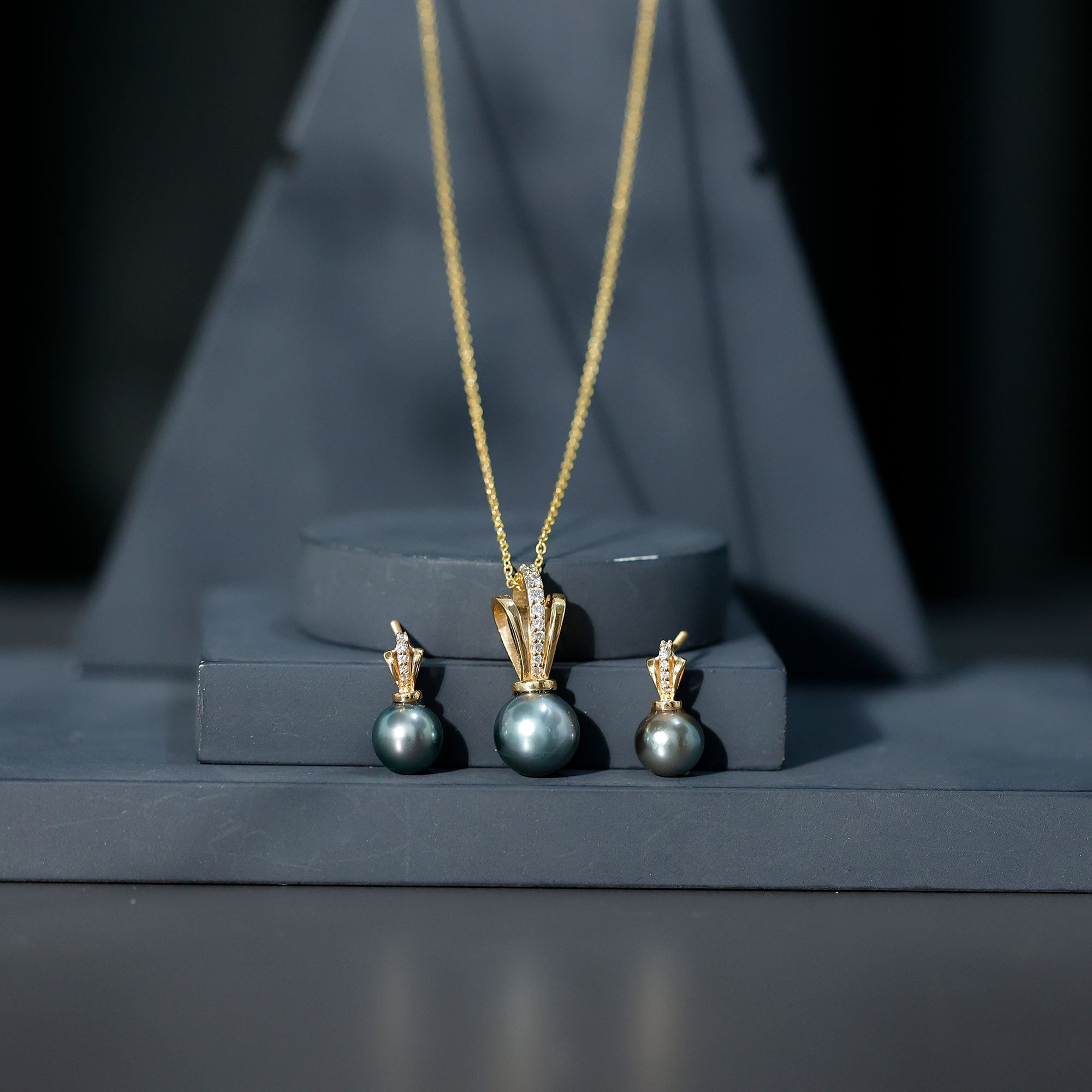 Genuine Tahitian Pearl and Diamond Drop Necklace Earrings Set AAA - Rosec Jewels