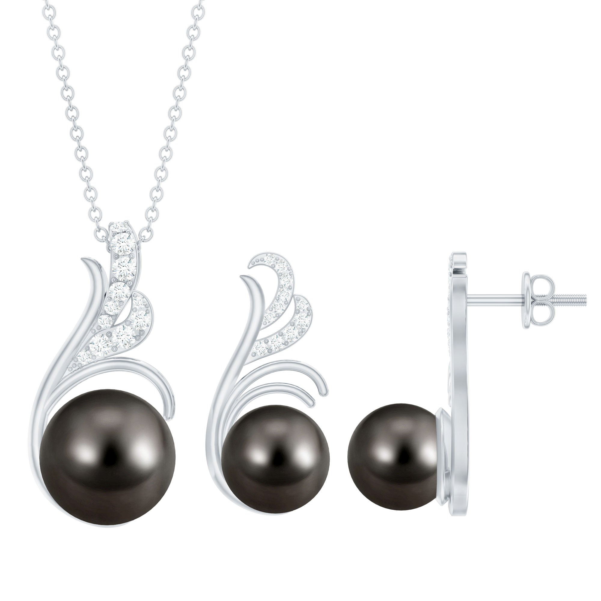 Designer Tahitian Black Pearl Necklace and Earrings Set with Moissanite