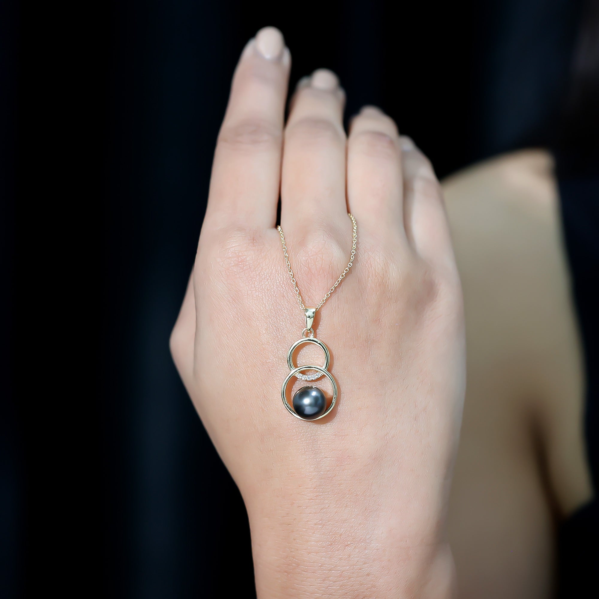 Handpicked Black Pearl Circle Necklace with Diamond AAA - Rosec Jewels