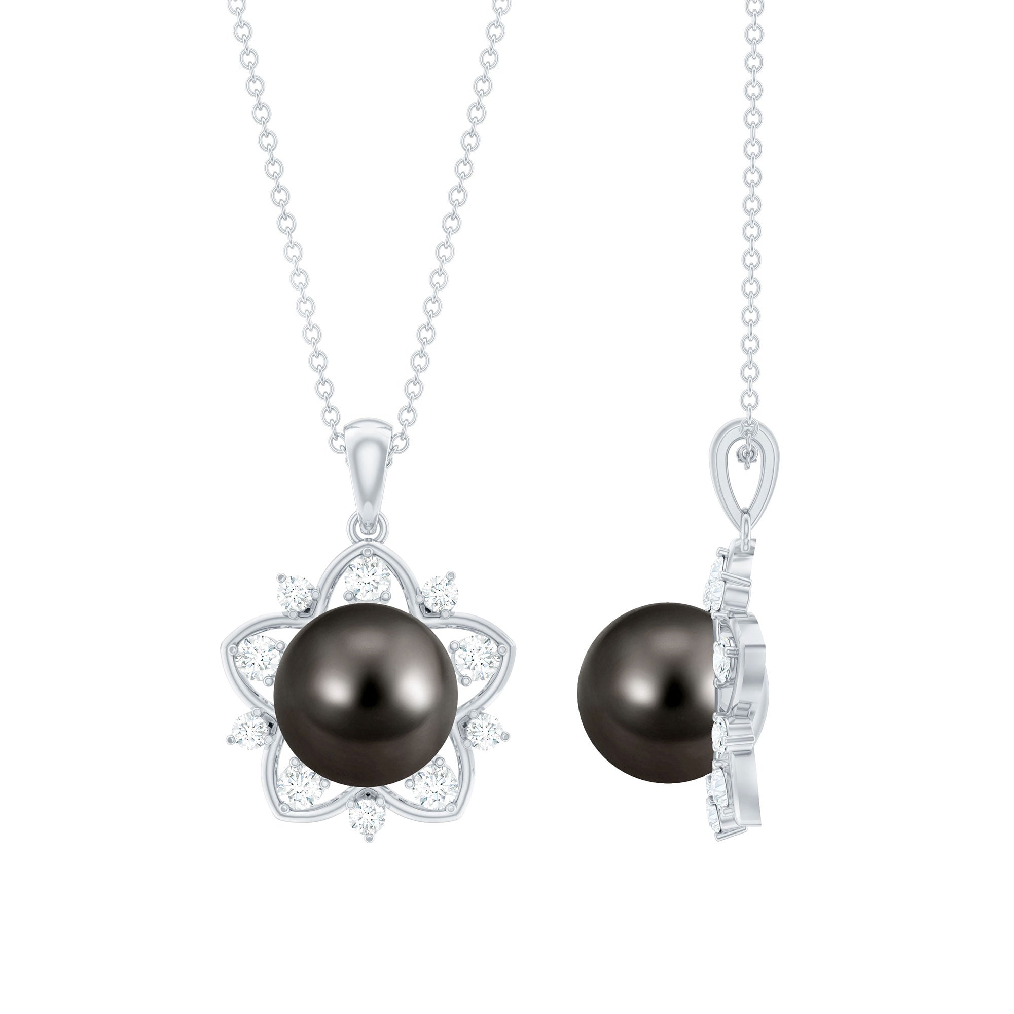 Real Tahitian Pearl and Diamond Star Pendant Necklace With Chain AAA - Rosec Jewels