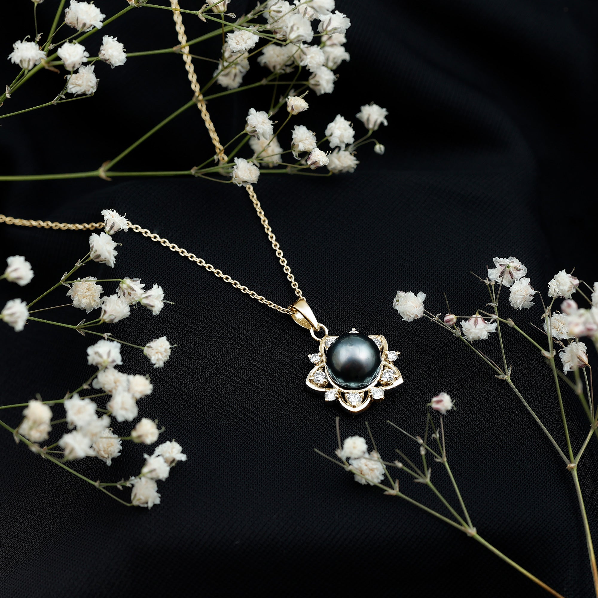 Real Tahitian Pearl and Diamond Star Pendant Necklace With Chain AAA - Rosec Jewels