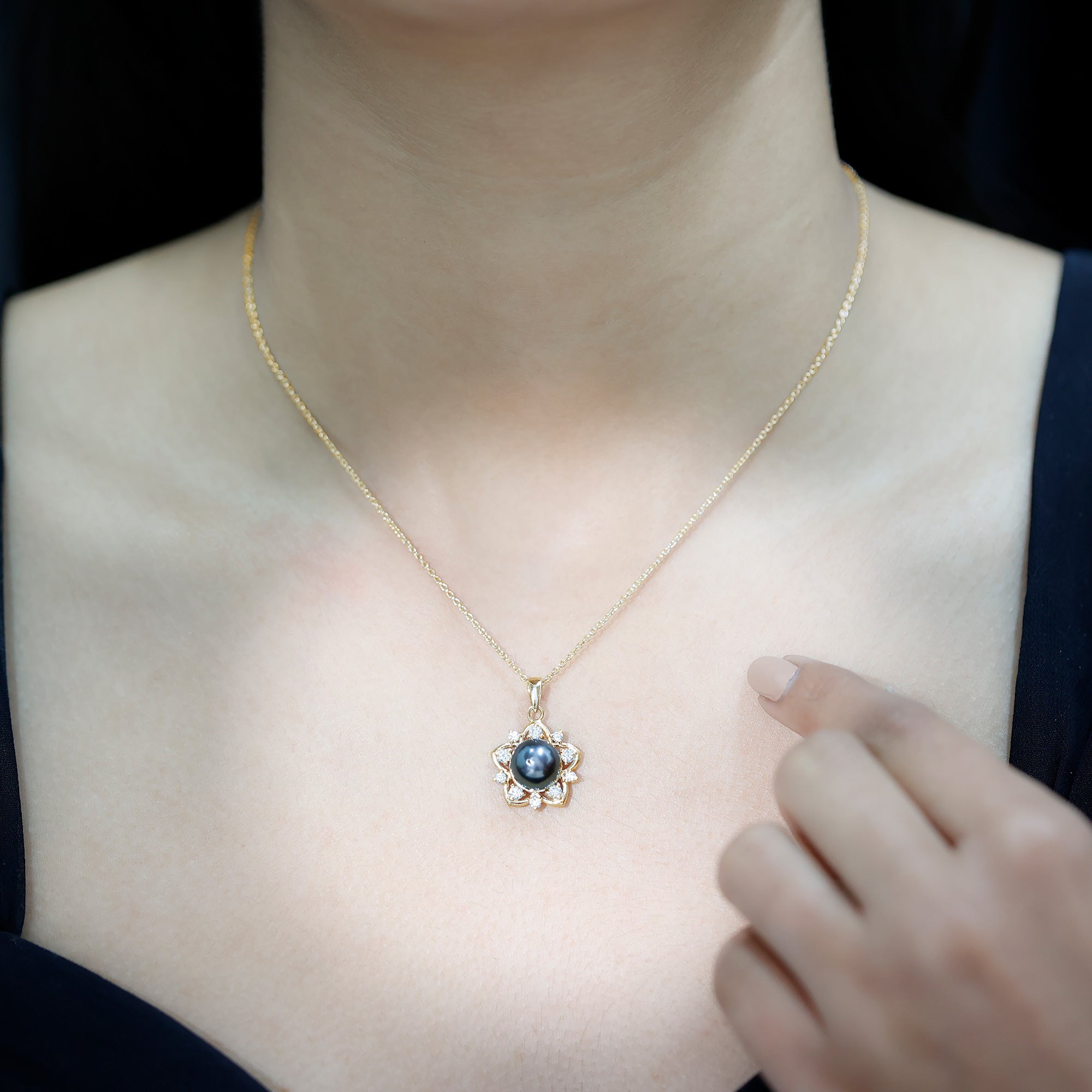 Real Tahitian Pearl and Diamond Star Pendant Necklace With Chain AAA - Rosec Jewels