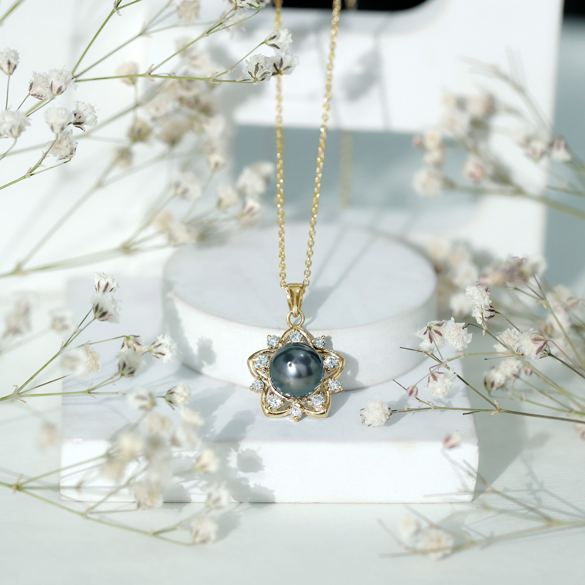Real Tahitian Pearl and Diamond Star Pendant Necklace With Chain AAA - Rosec Jewels