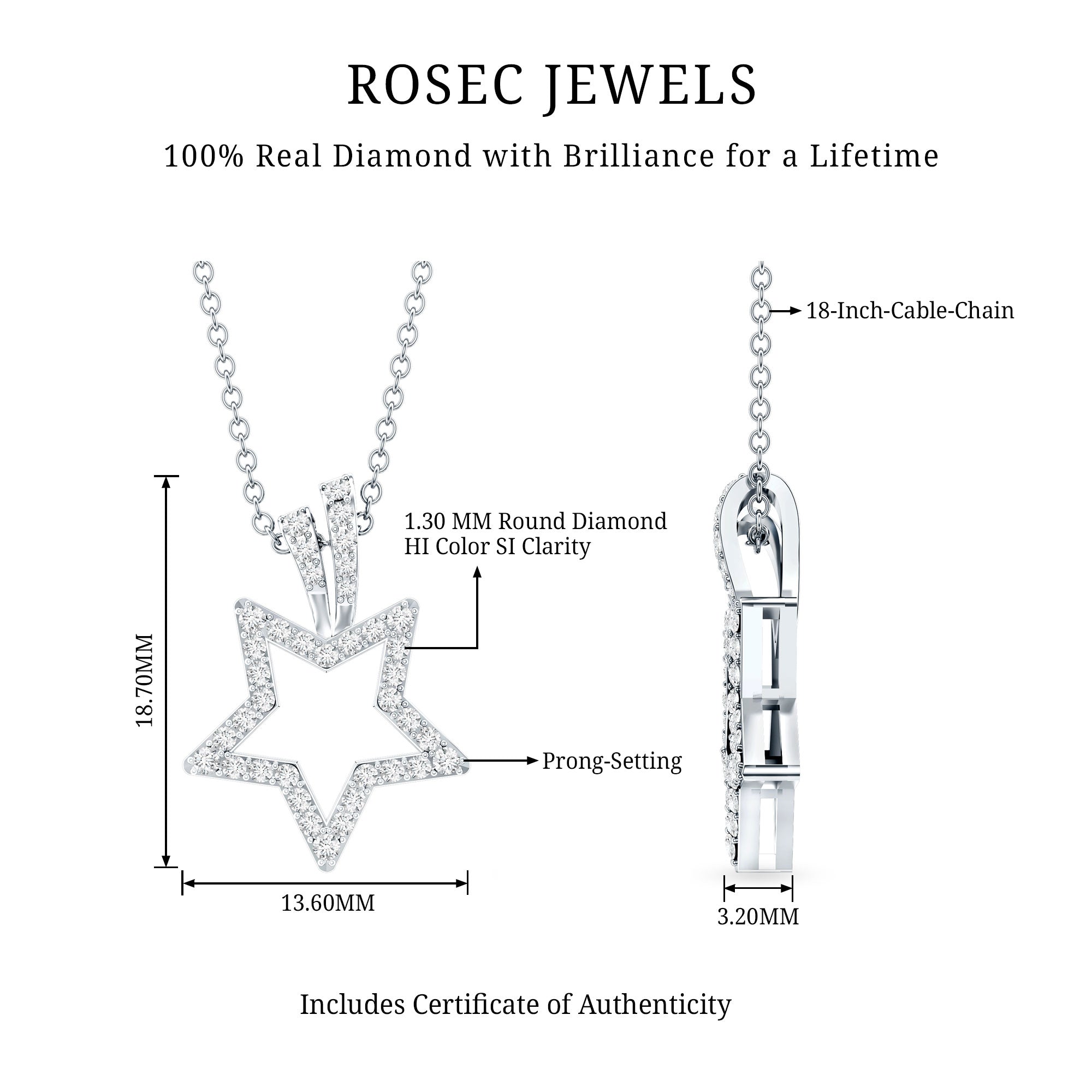 Natural Diamond Star Pendant For Women Natural - ( HI-SI ) - Rosec Jewels