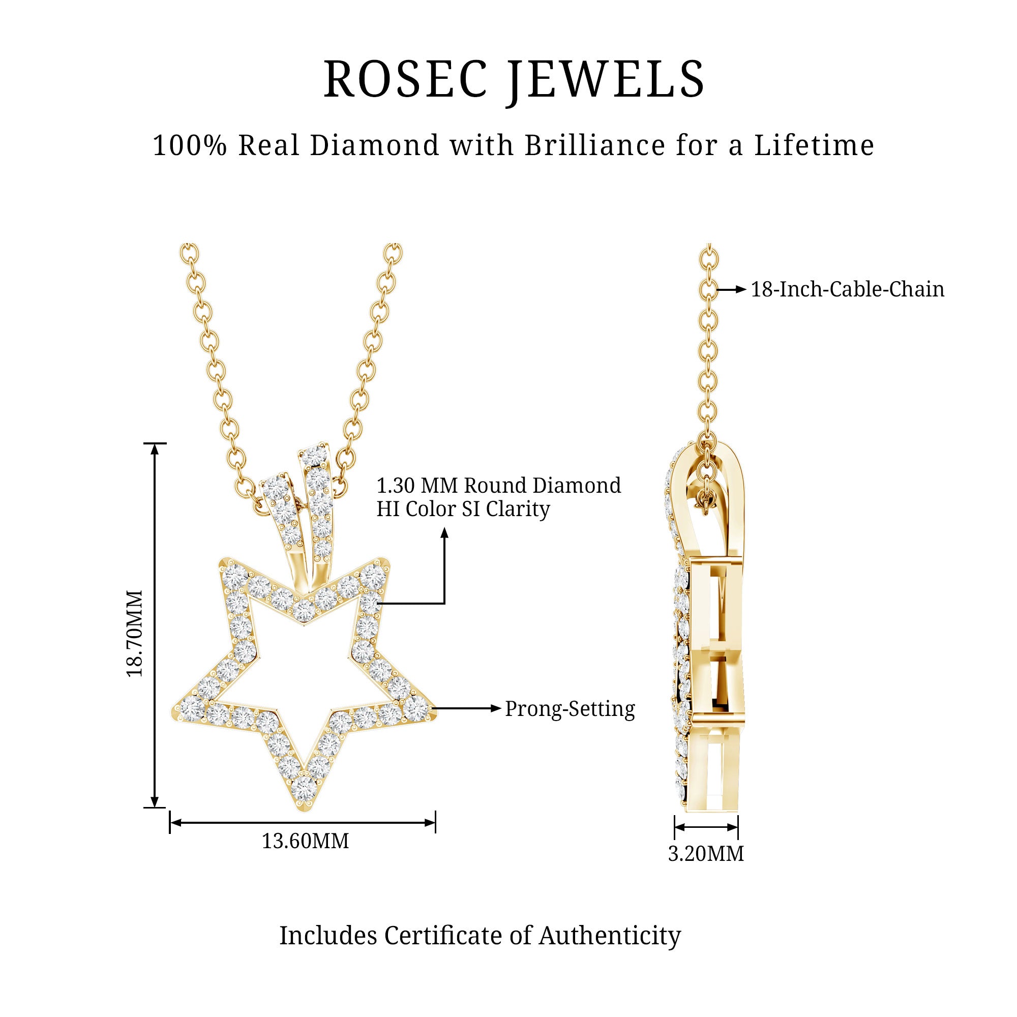 Natural Diamond Star Pendant For Women Natural - ( HI-SI ) - Rosec Jewels
