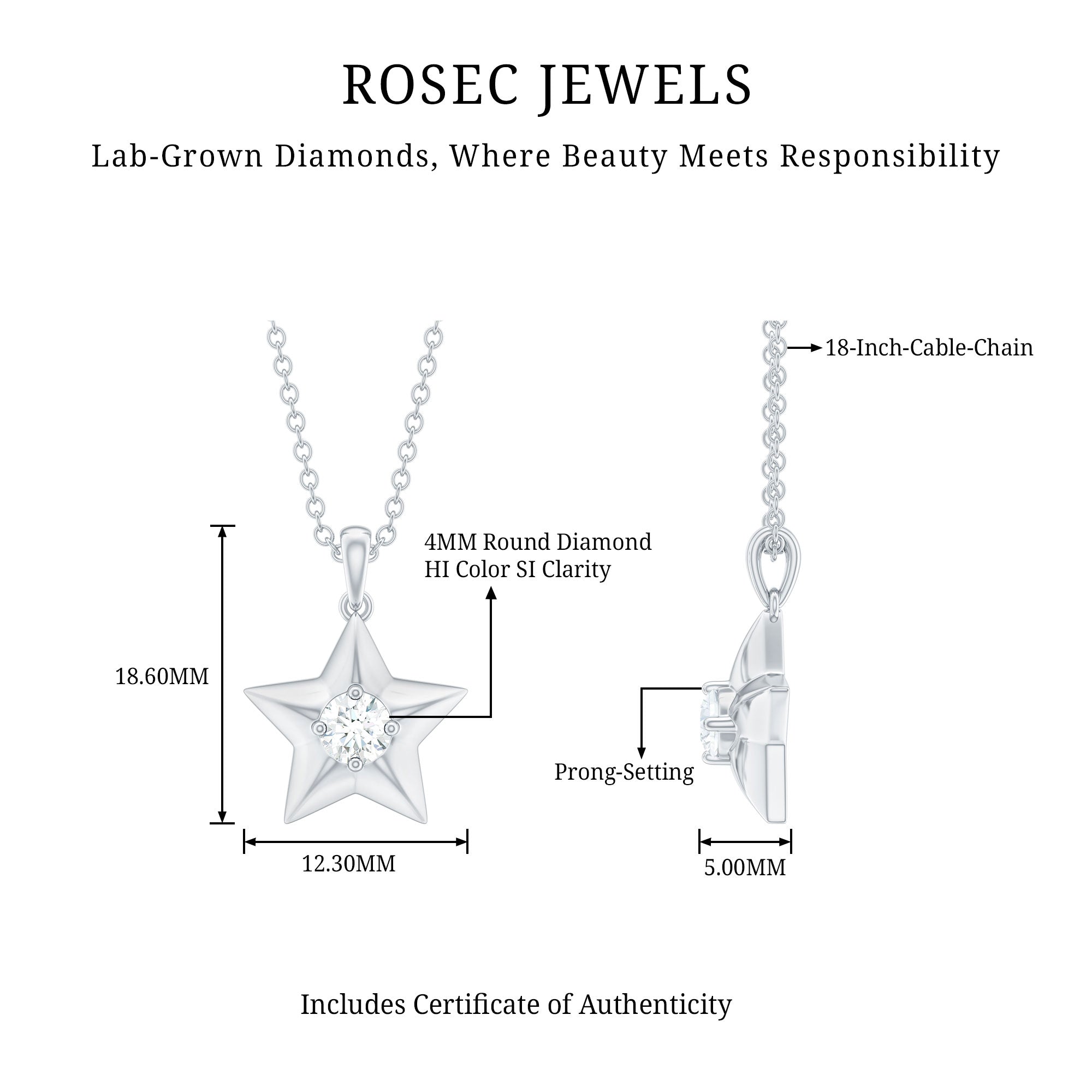 Certified Diamond Star Pendant Necklace Natural - ( HI-SI ) - Rosec Jewels