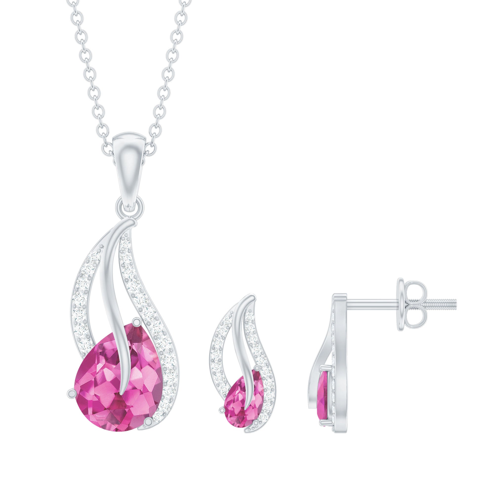 Pear Shape Pink Tourmaline and Diamond Leaf Jewelry Set