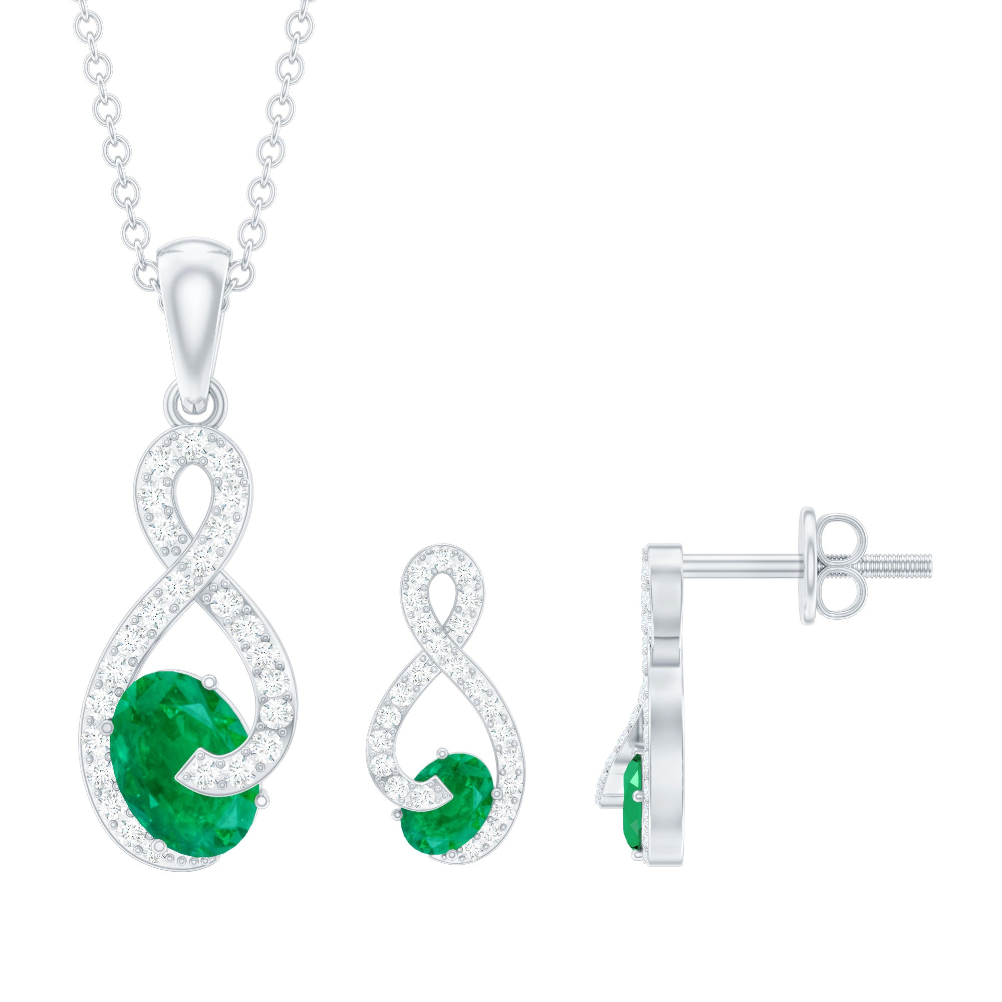 Infinity Jewelry Set with Oval Shape Emerald and Diamond