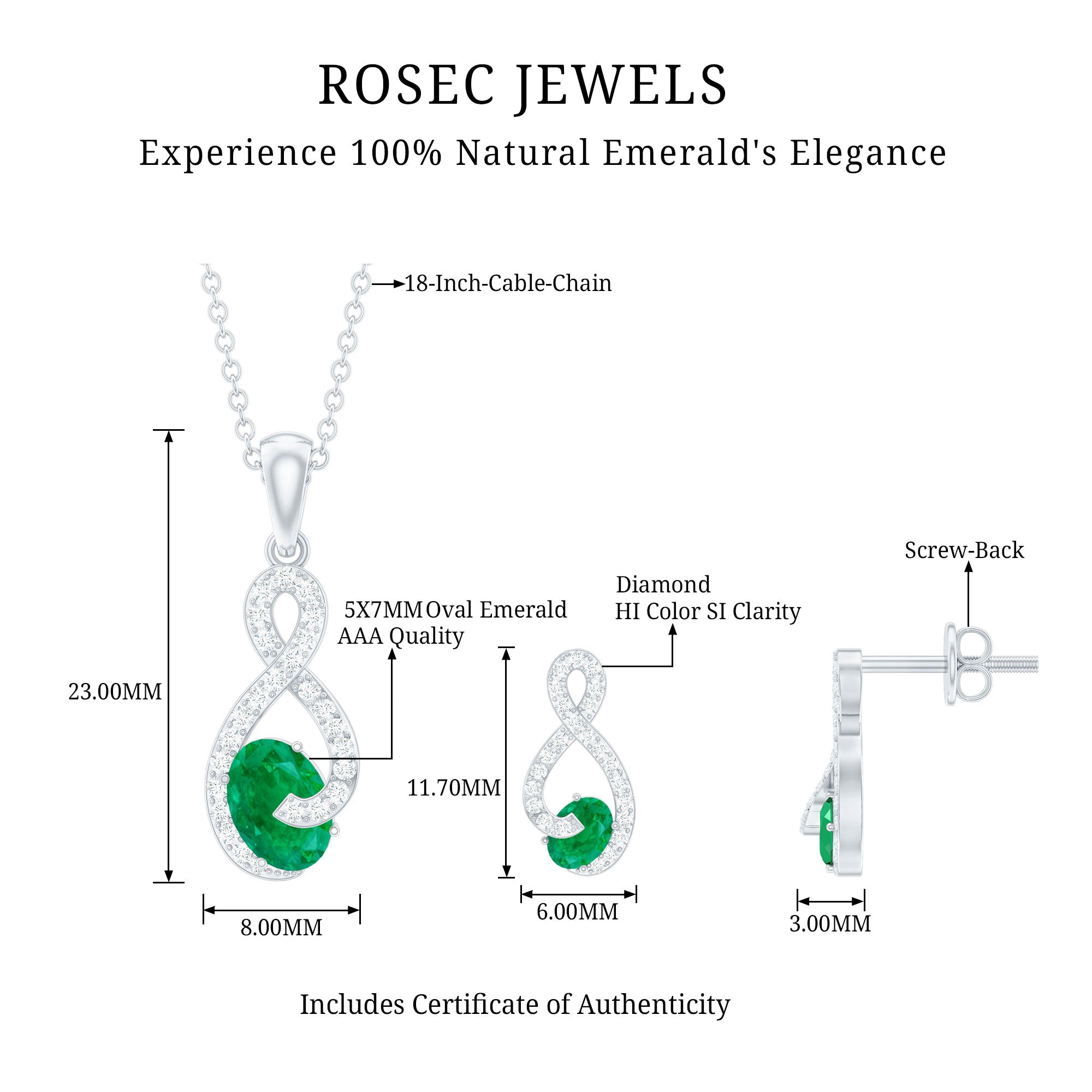 Natural Emerald and Diamond Wedding Jewelry Set AAA - Rosec Jewels