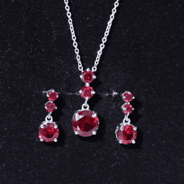 Lab Created Ruby Three Stone Dangle Jewelry Set AAAA - Rosec Jewels