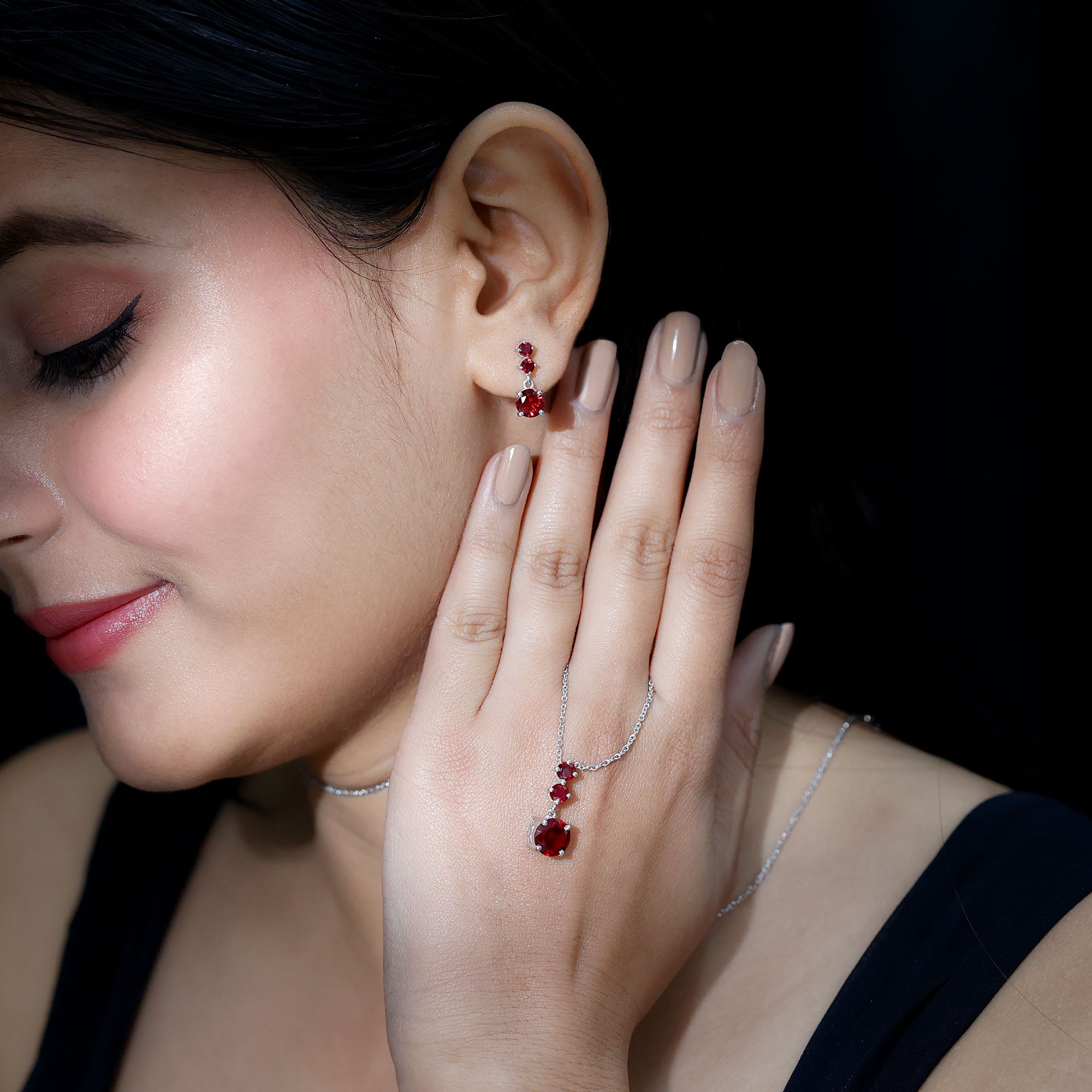Lab Created Ruby Three Stone Dangle Jewelry Set AAAA - Rosec Jewels