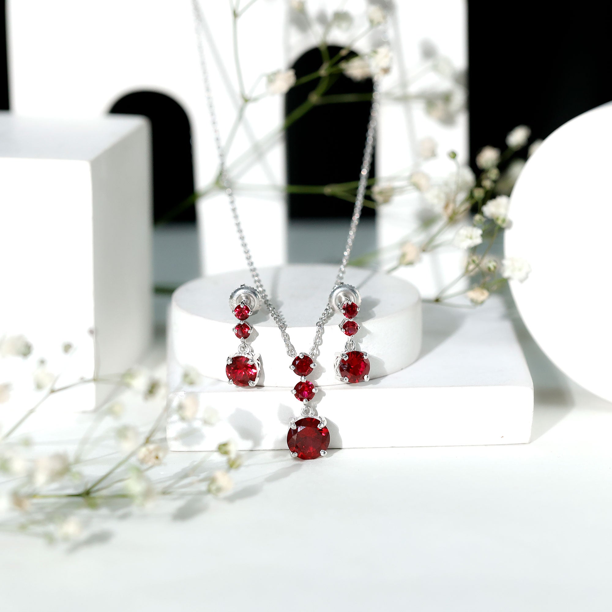 Lab Created Ruby Three Stone Dangle Jewelry Set AAAA - Rosec Jewels