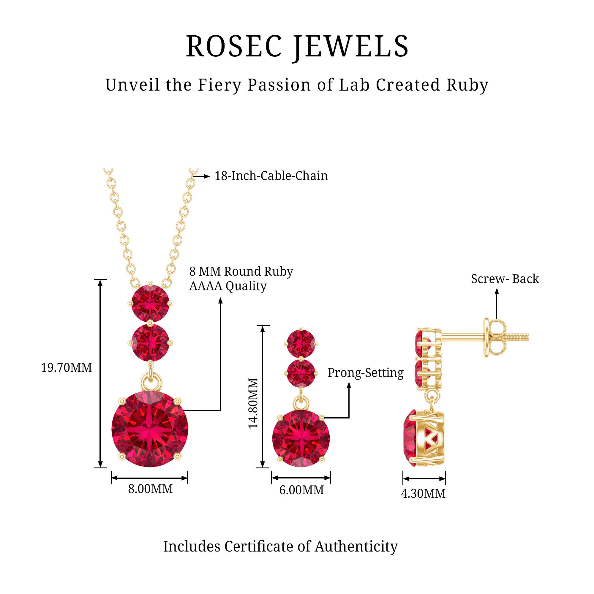 Lab Created Ruby Three Stone Dangle Jewelry Set AAAA - Rosec Jewels