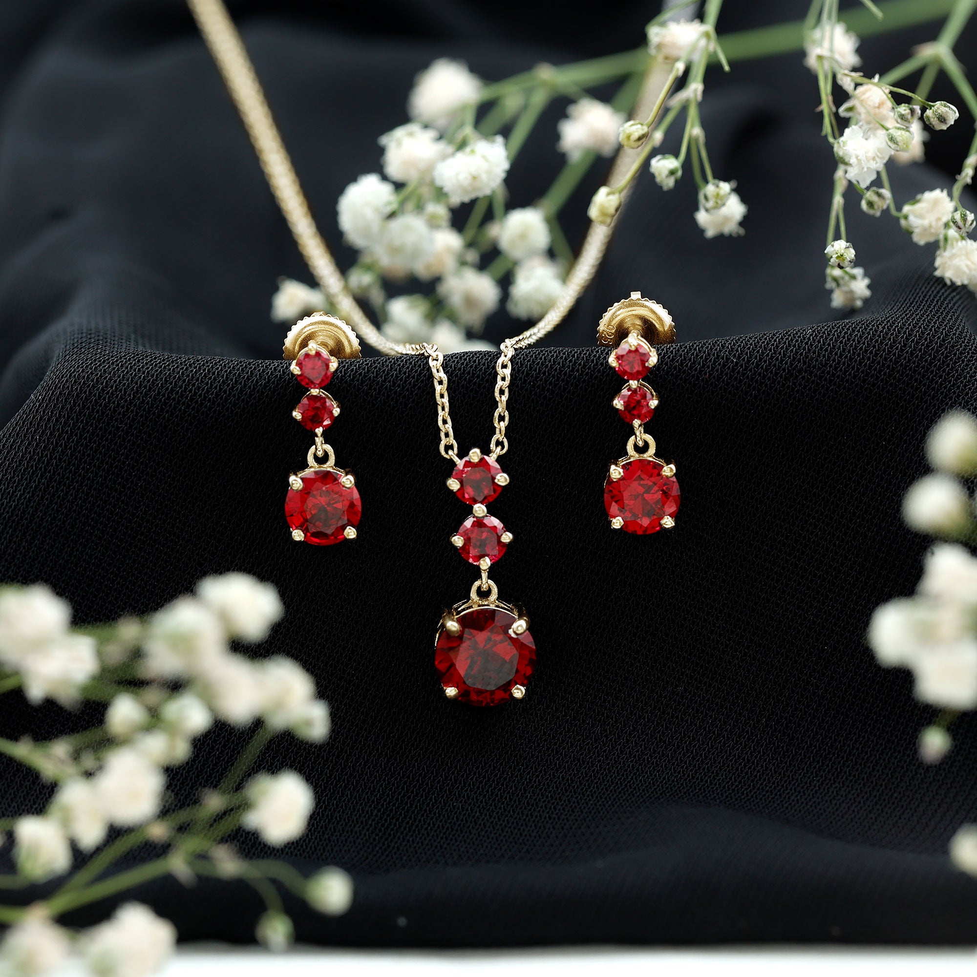 Lab Created Ruby Three Stone Dangle Jewelry Set AAAA - Rosec Jewels