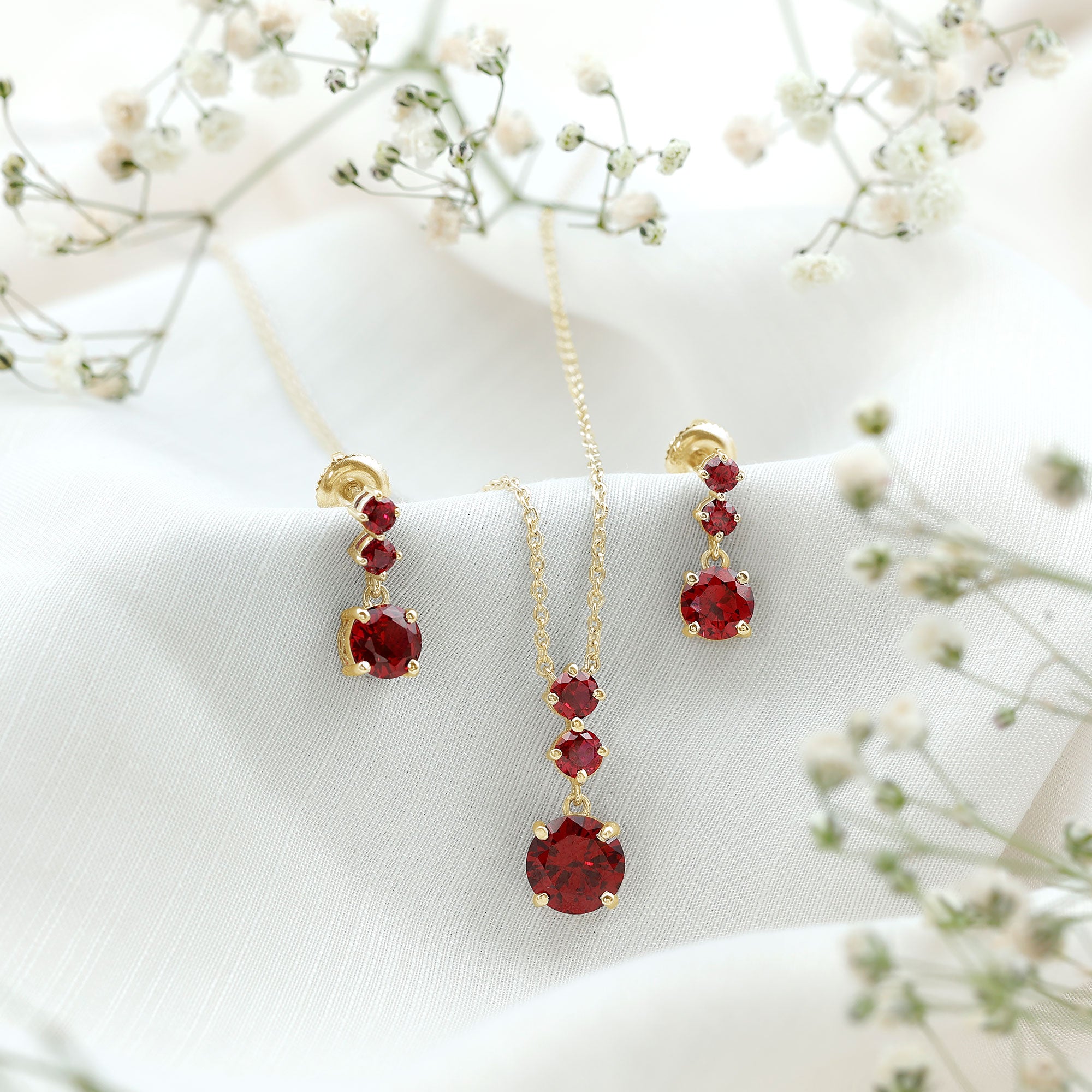 Lab Created Ruby Three Stone Dangle Jewelry Set AAAA - Rosec Jewels