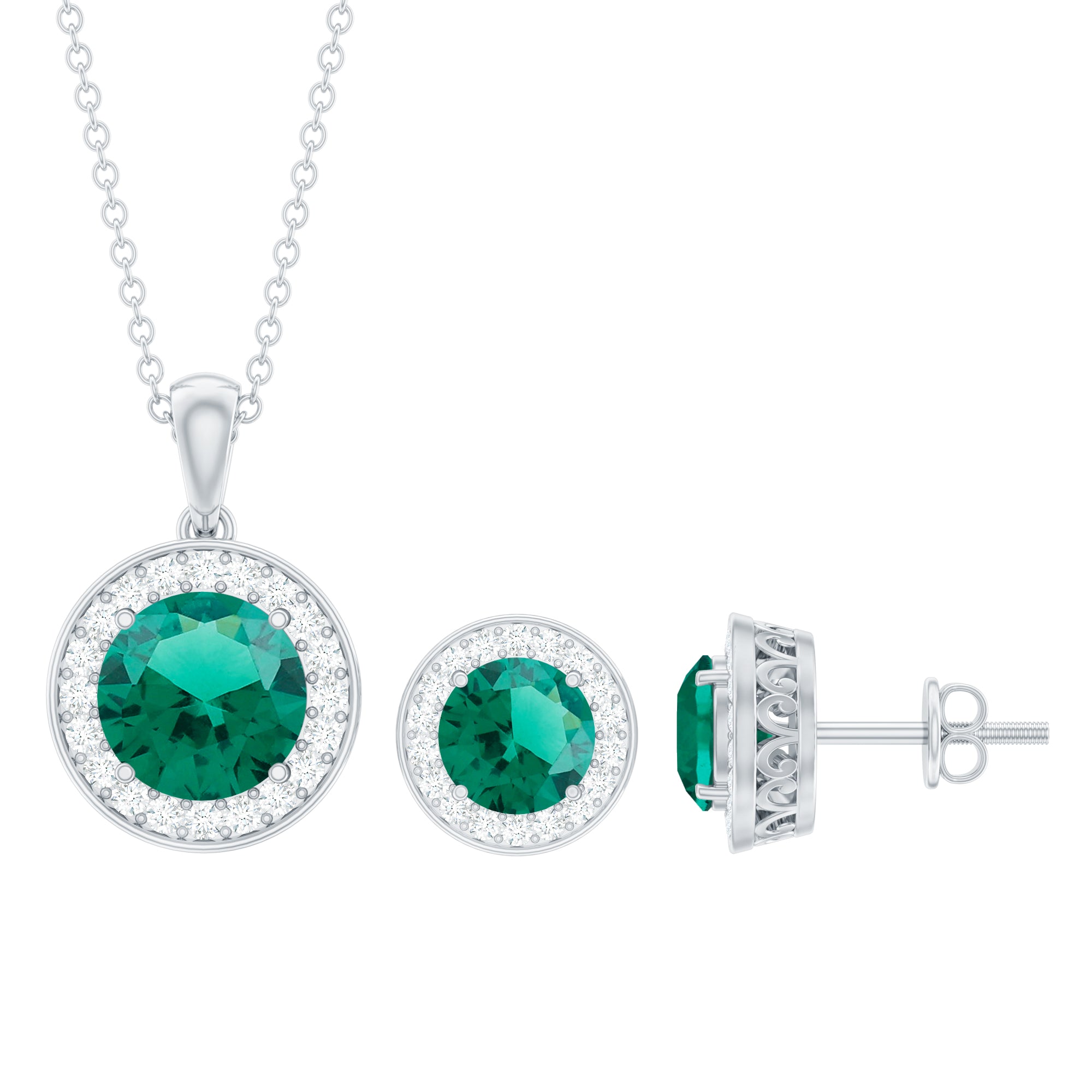 4.75 CT Classic Created Emerald Silver Halo Jewelry Set with Zircon