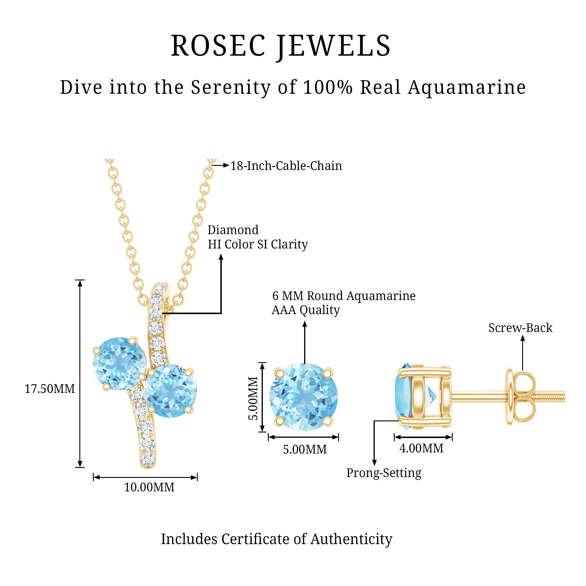 Aquamarine Bridal Jewelry Set with Diamond Accent AAA - Rosec Jewels