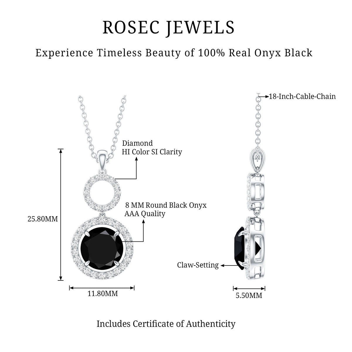 Classic 2 Carat Black Onyx Diamond Drop Necklace AAA - Rosec Jewels
