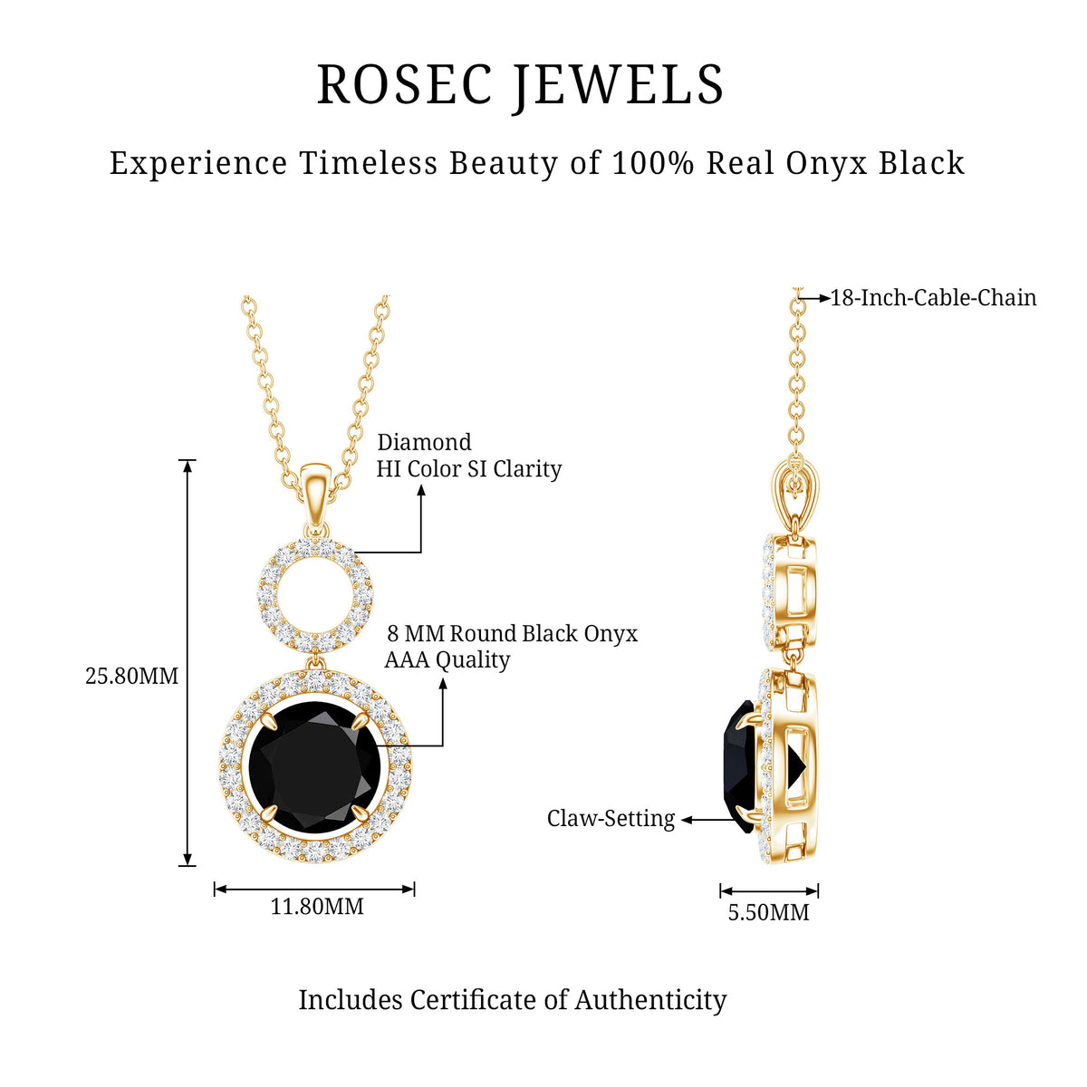 Classic 2 Carat Black Onyx Diamond Drop Necklace AAA - Rosec Jewels