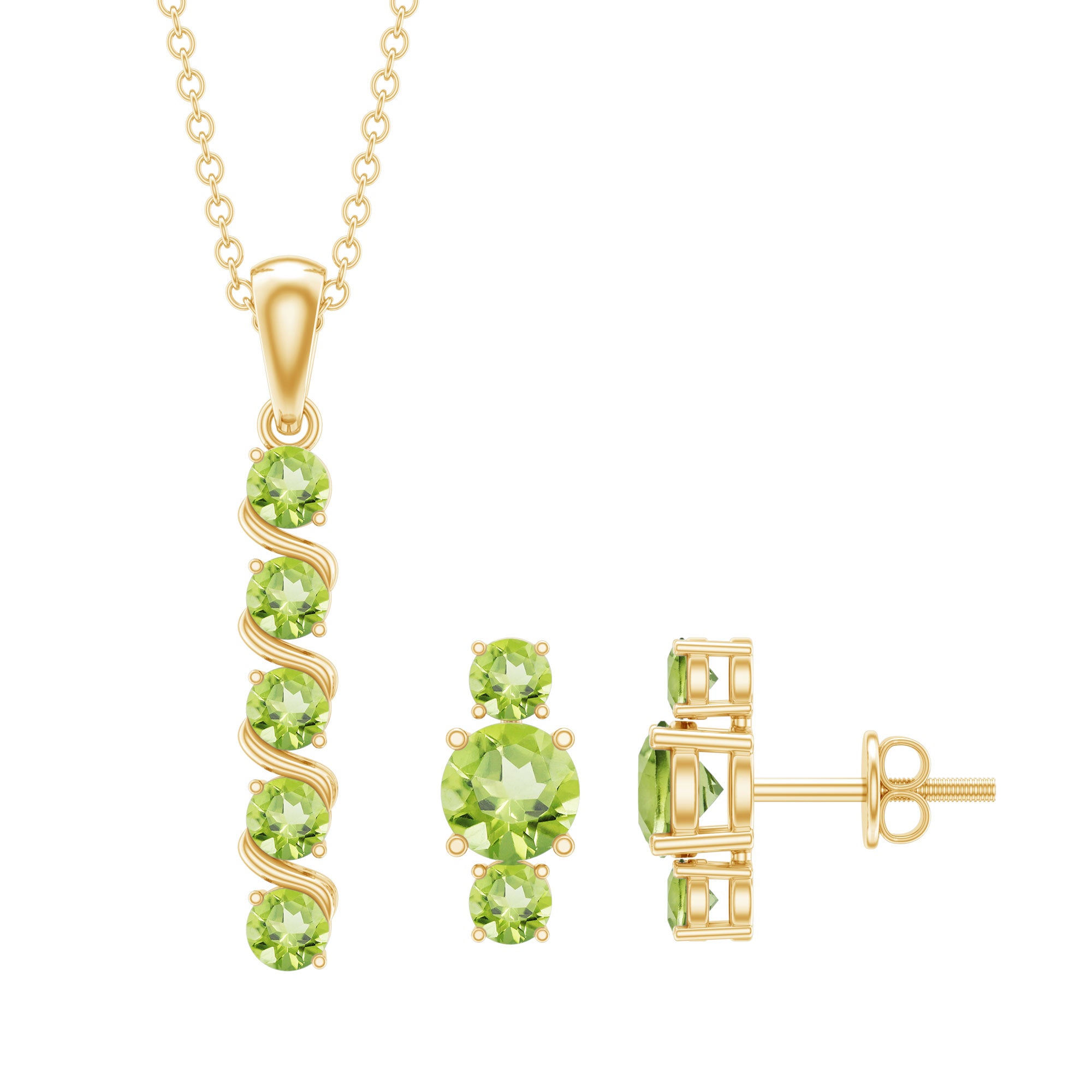 Round Cut Natural Peridot Bar Necklace and Earrings Set AAA - Rosec Jewels