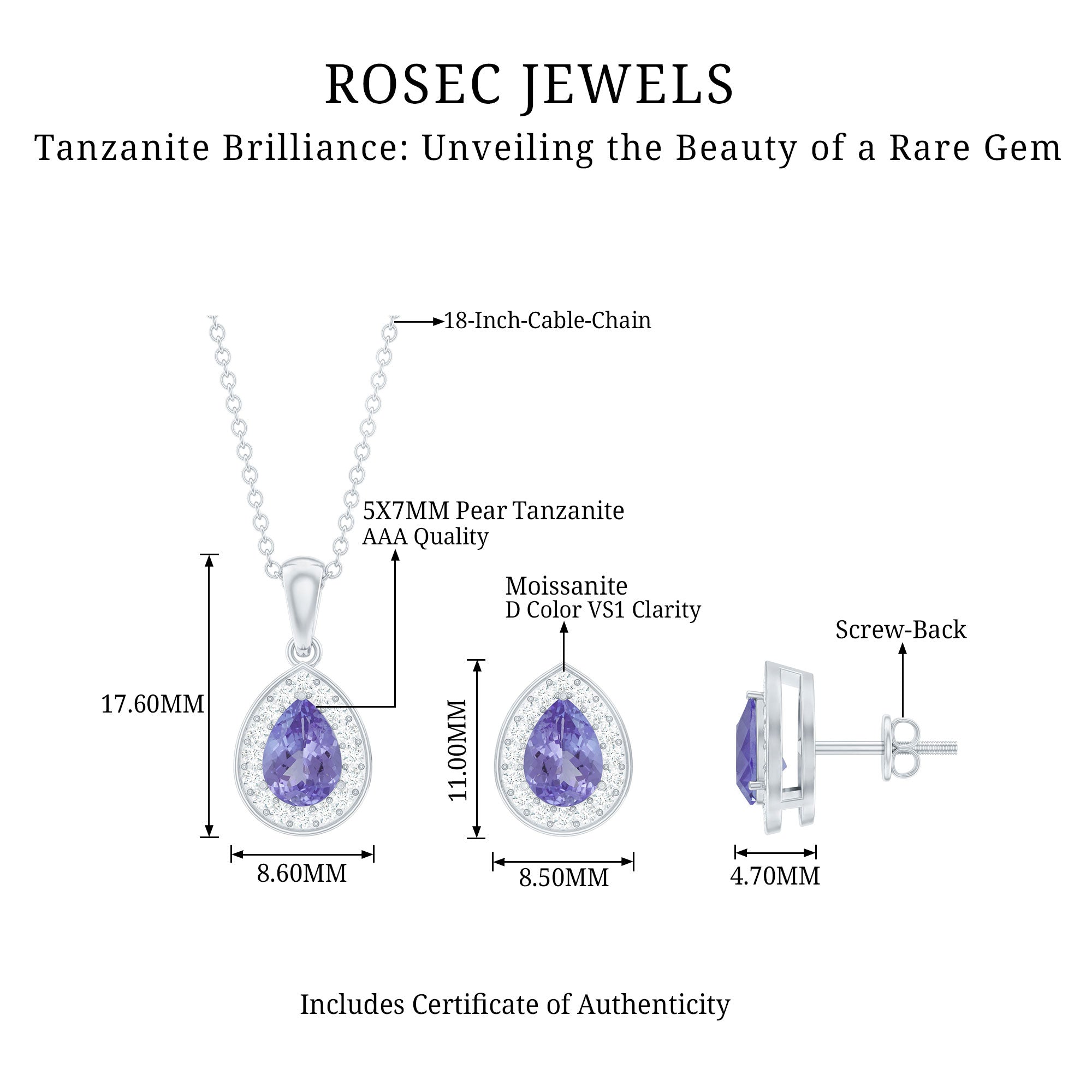 Certified 2.52 Carat Tanzanite Teardrop Jewelry Set with Moissanite Halo AAA - Rosec Jewels