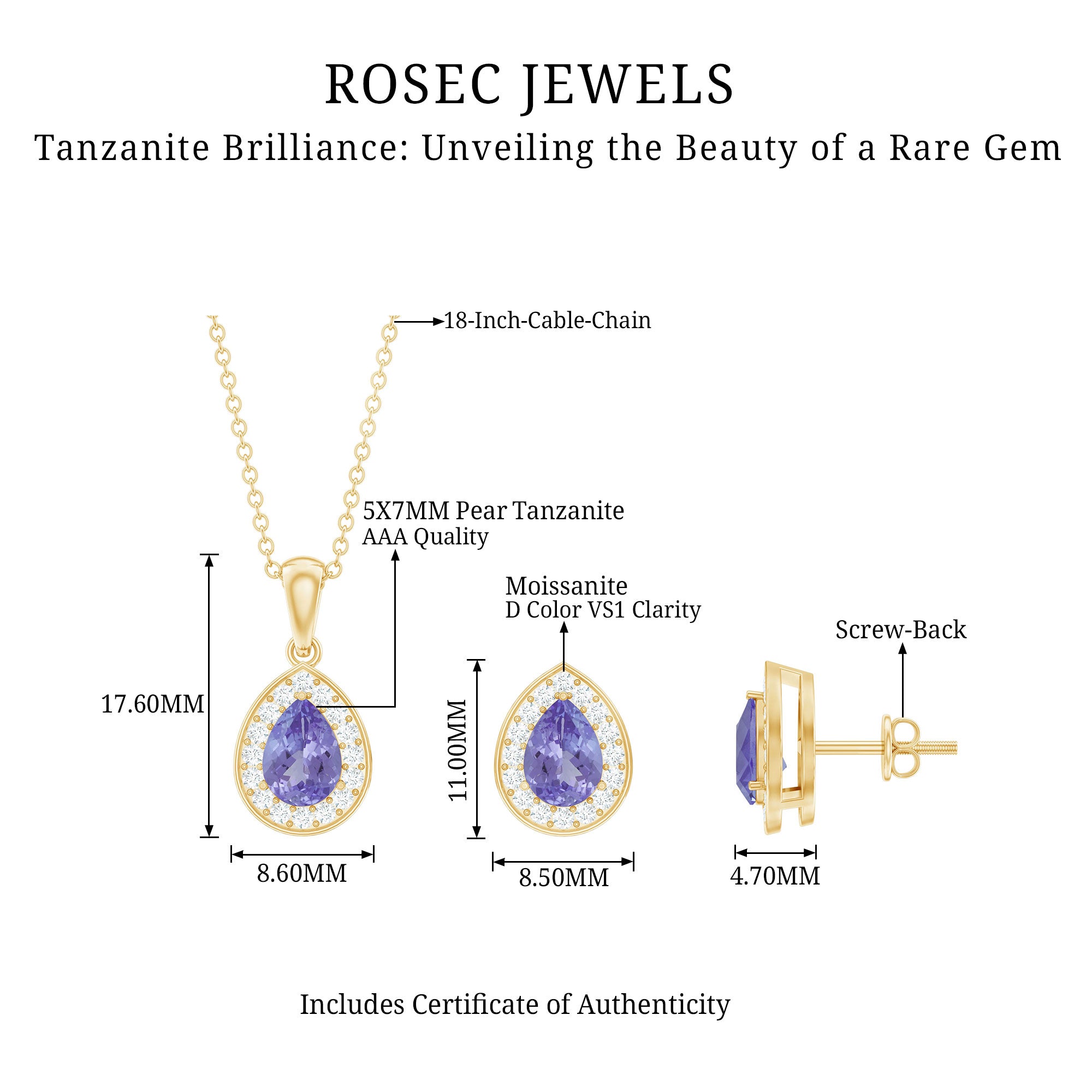 Certified 2.52 Carat Tanzanite Teardrop Jewelry Set with Moissanite Halo AAA - Rosec Jewels