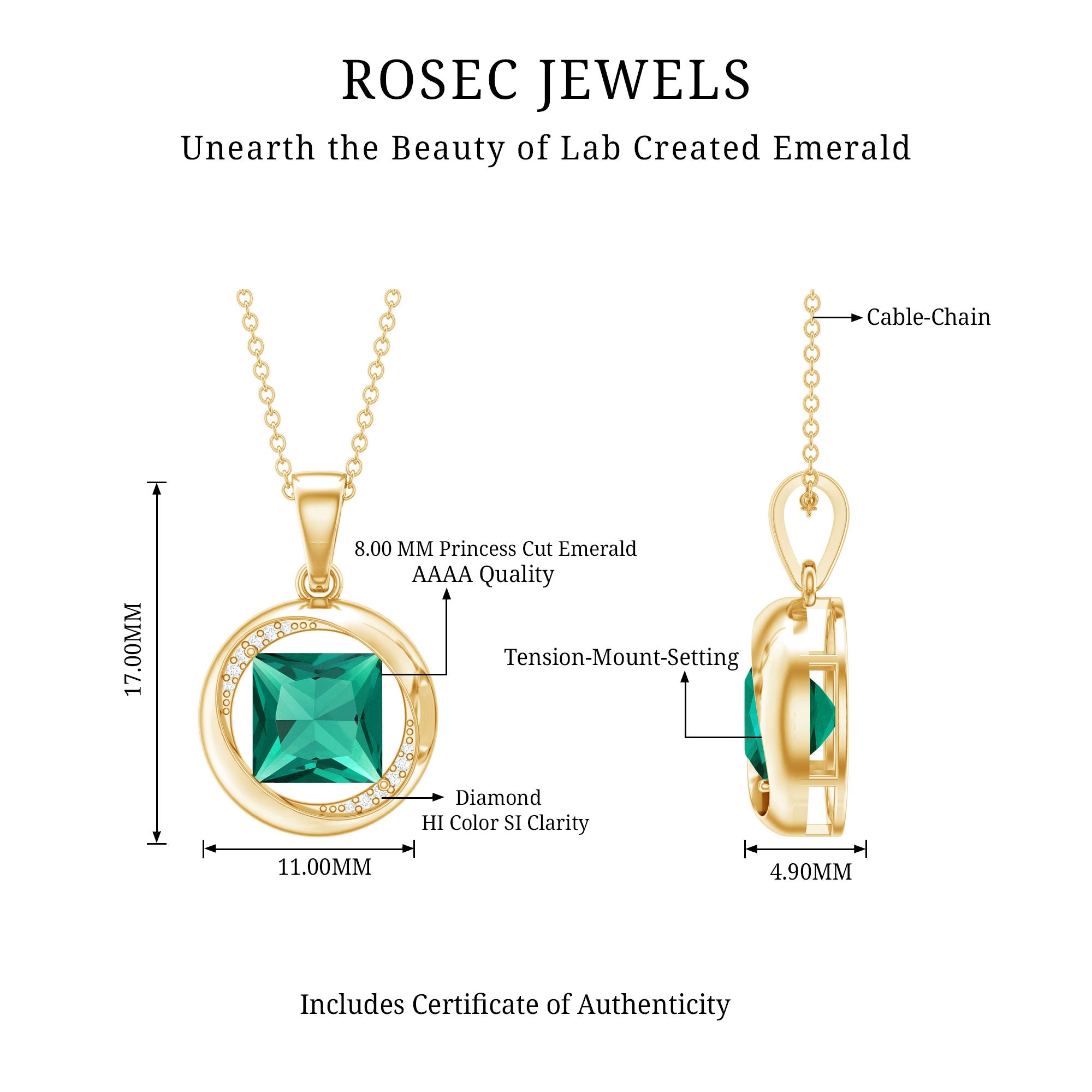 2.4 Carat Lab Created Emerald Princess Cut Pendant with Diamond AAAA - Rosec Jewels