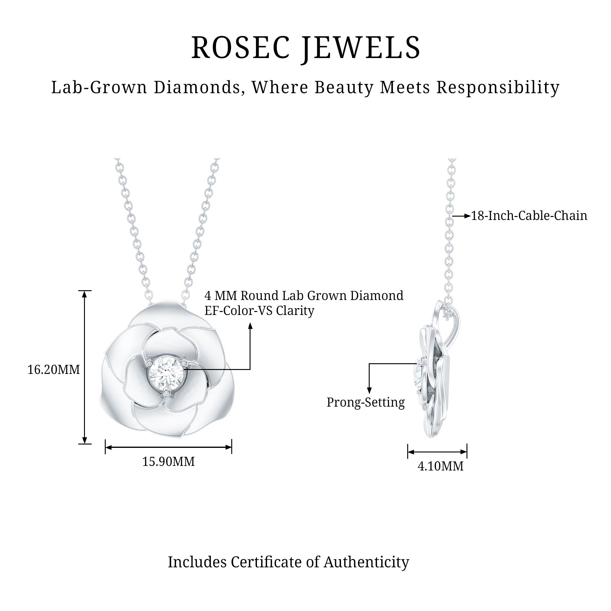 Certified Lab Grown Diamond Rose Pendant Necklace Lab - ( EF-VS ) - Rosec Jewels