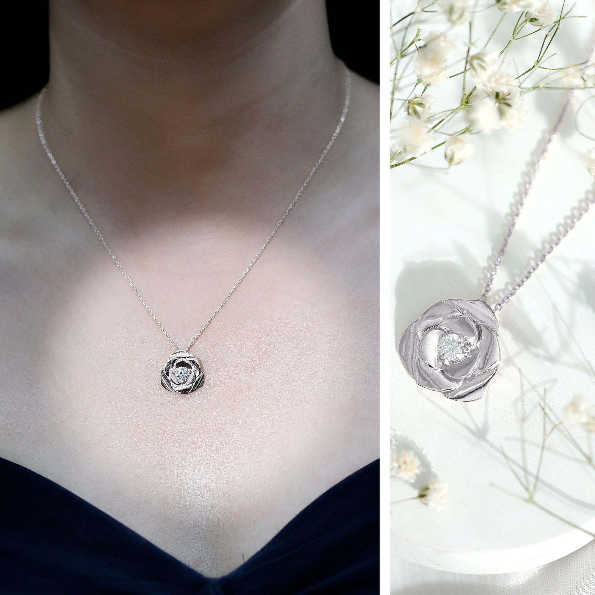 Certified Lab Grown Diamond Rose Pendant Necklace Lab - ( EF-VS ) - Rosec Jewels