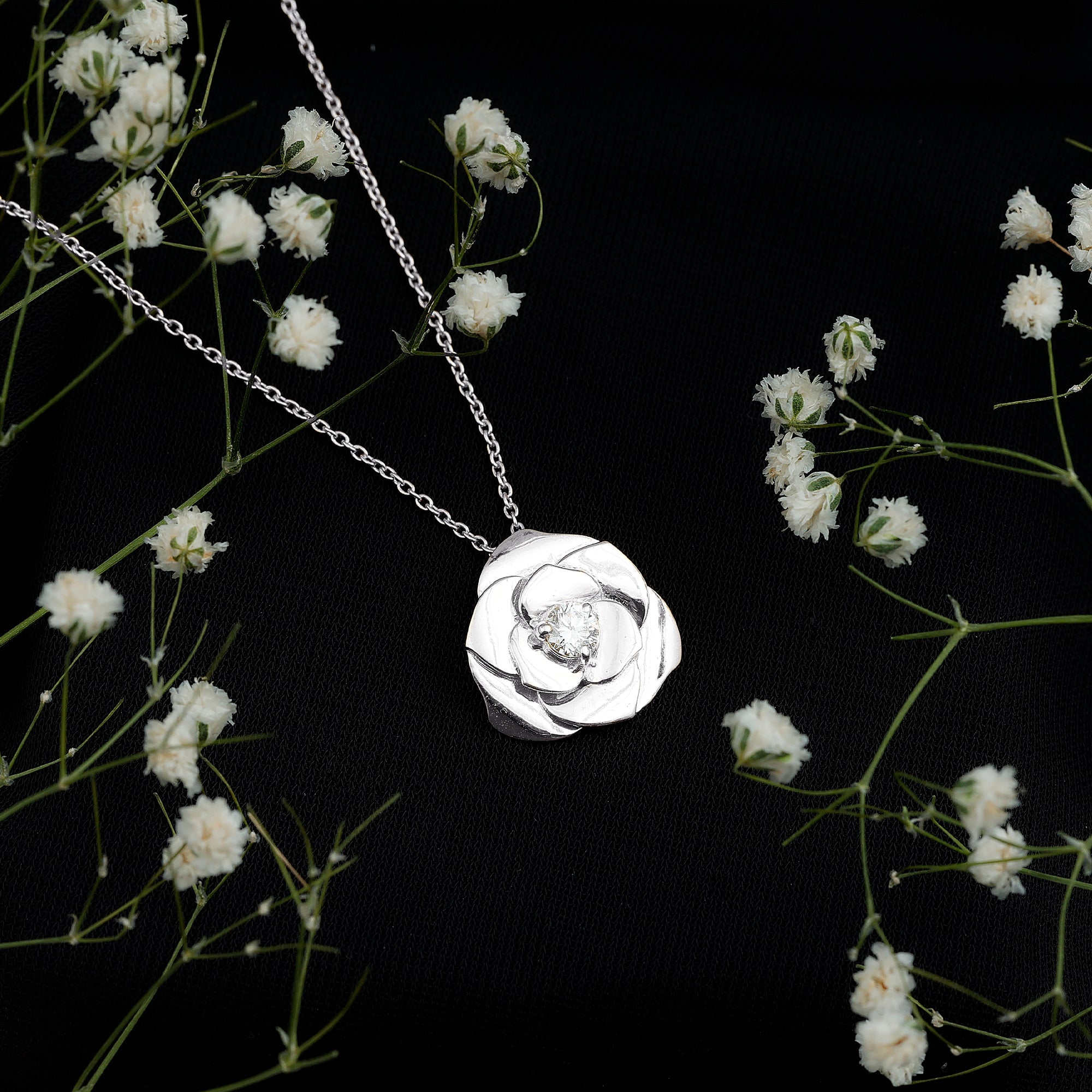 Certified Lab Grown Diamond Rose Pendant Necklace Lab - ( EF-VS ) - Rosec Jewels