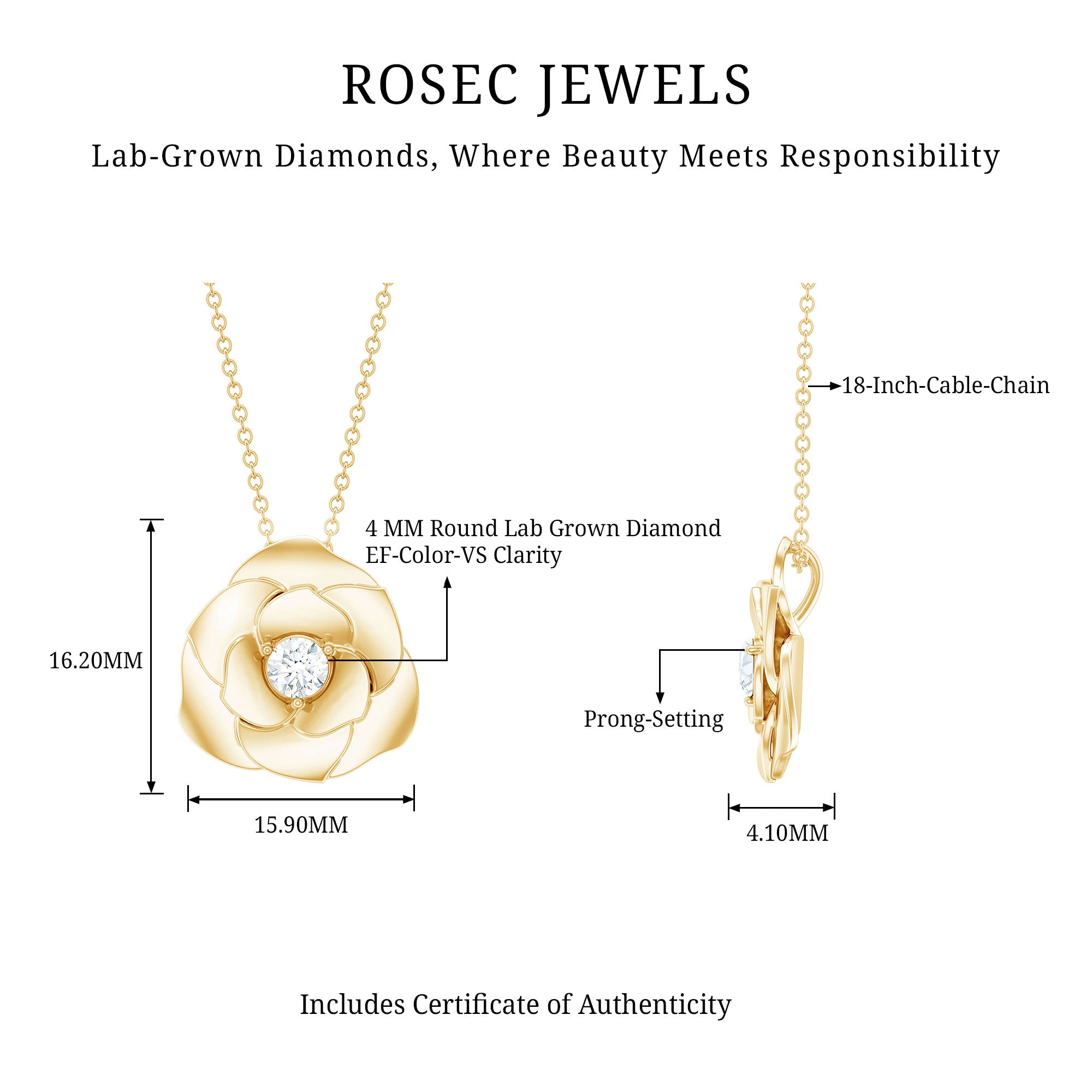 Certified Lab Grown Diamond Rose Pendant Necklace Lab - ( EF-VS ) - Rosec Jewels