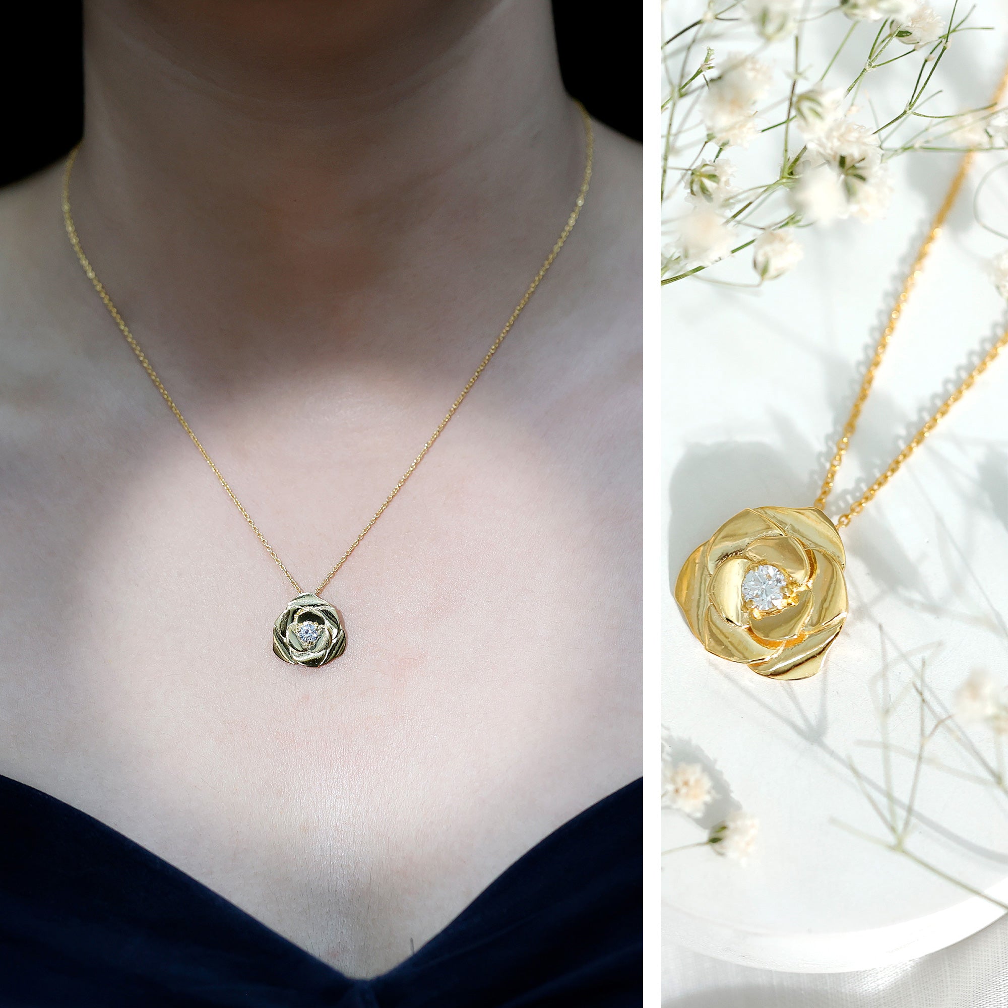 Certified Lab Grown Diamond Rose Pendant Necklace Lab - ( EF-VS ) - Rosec Jewels