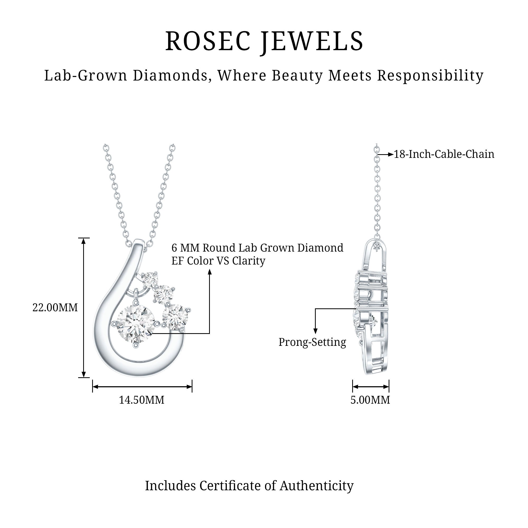 Certified Lab Grown Diamond Minimal Pendant Necklace Lab - ( EF-VS ) - Rosec Jewels
