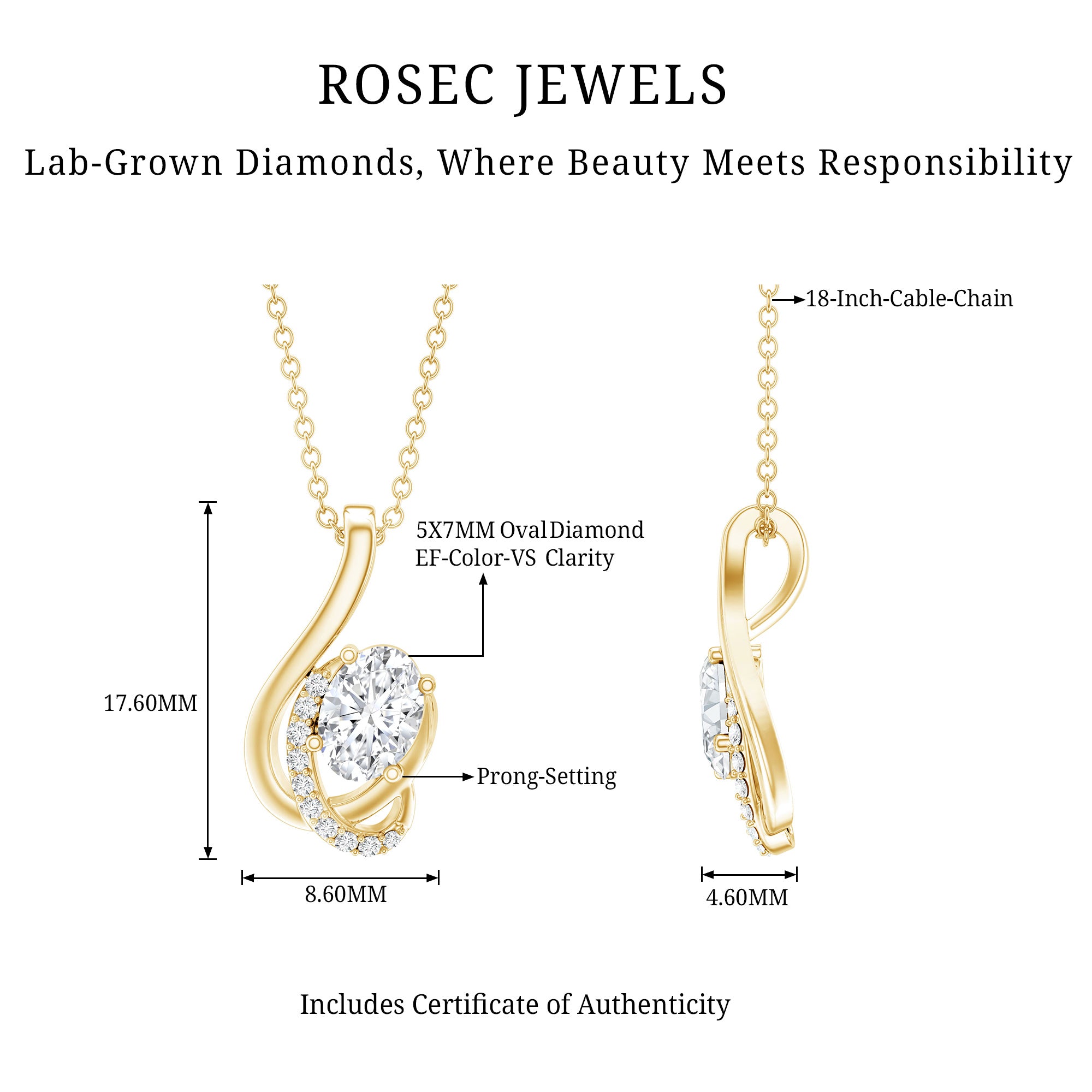 Certified Oval Shape Lab Grown Diamond Designer Necklace Lab - ( EF-VS ) - Rosec Jewels