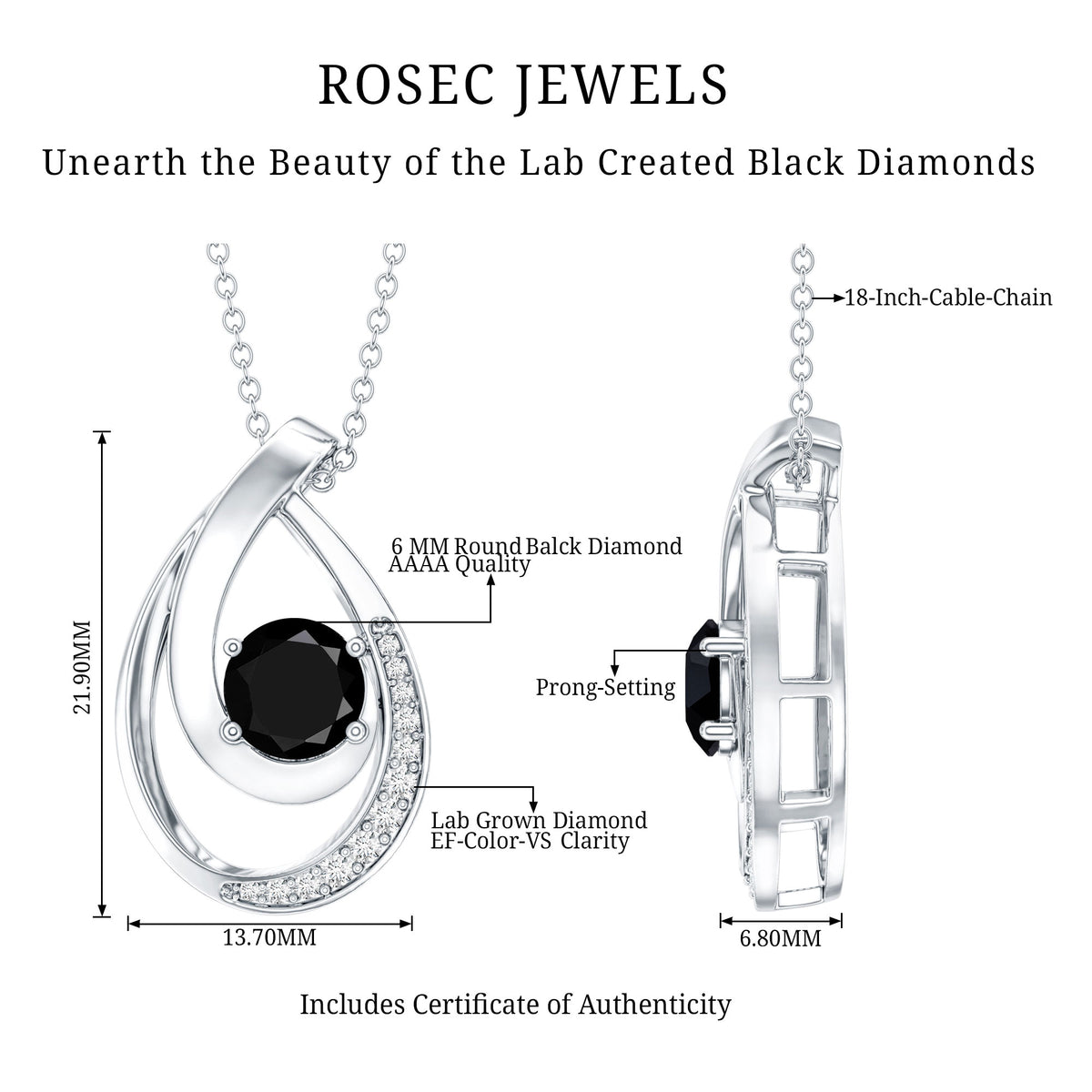 Certified Lab Grown Black and White Diamond Teardrop Necklace AAAA ( Synthetic ) - Rosec Jewels