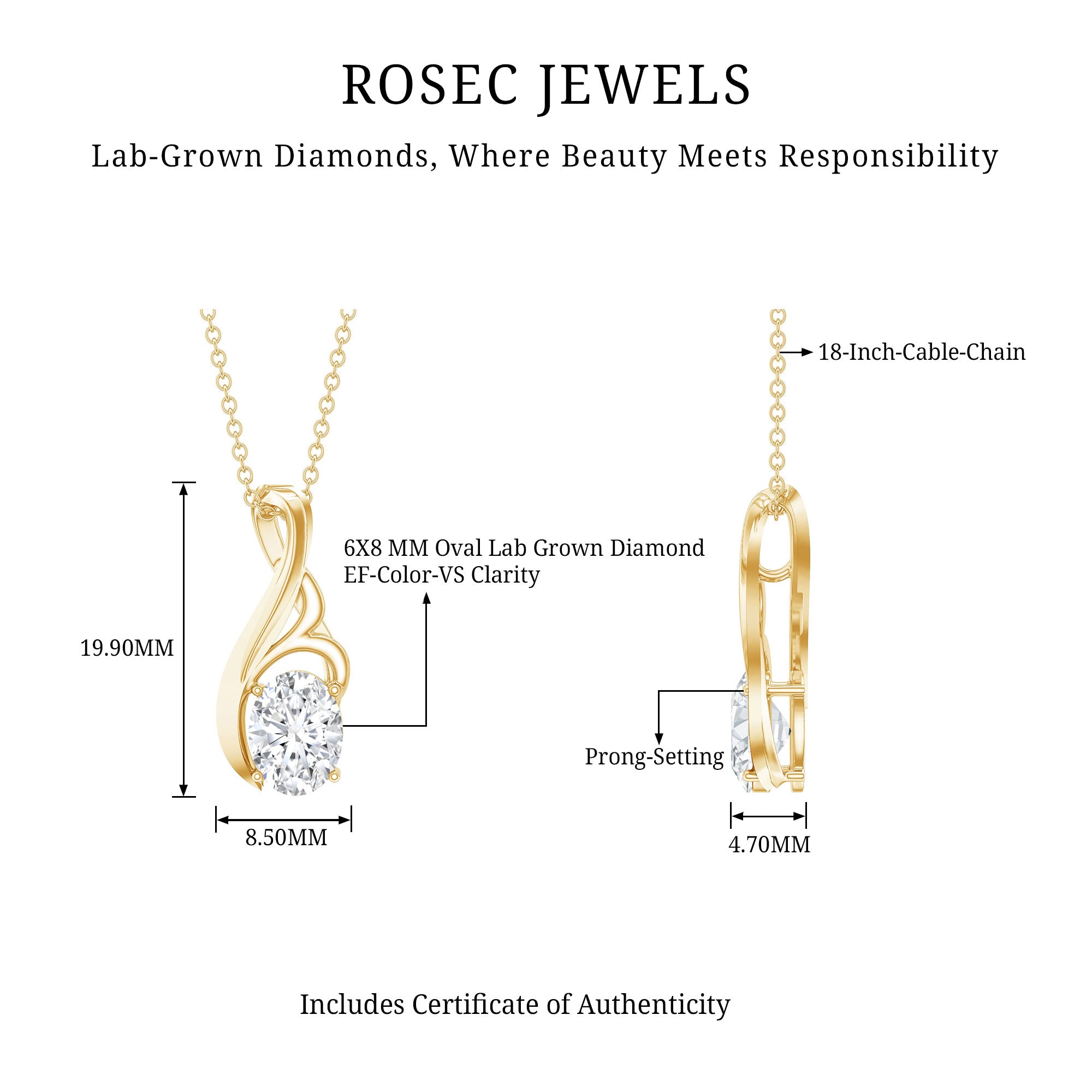 Certified Oval Lab Grown Diamond Solitaire Pendant Necklace Lab - ( EF-VS ) - Rosec Jewels