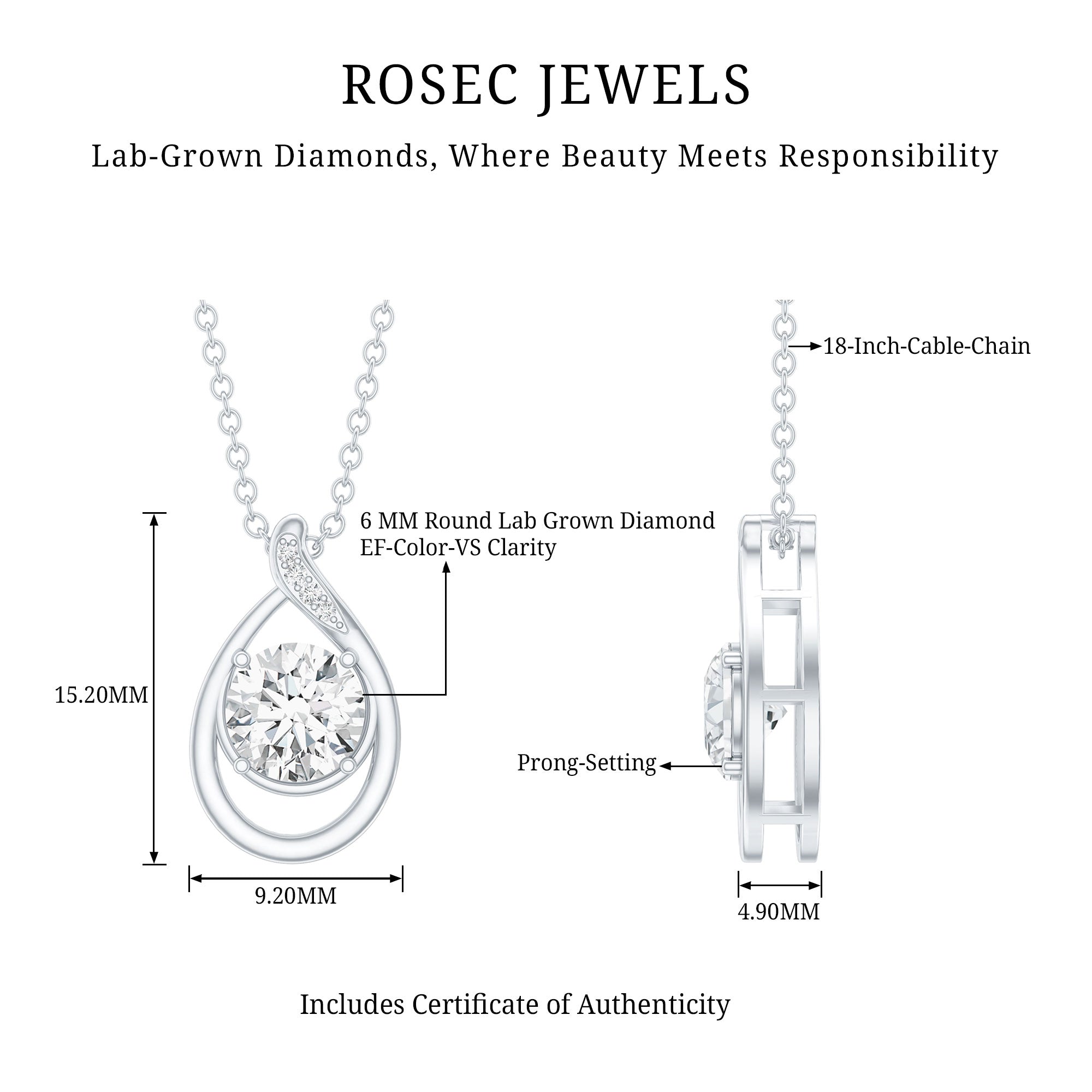 Lab Grown Diamond Teardrop Pendant Necklace Lab - ( EF-VS ) - Rosec Jewels