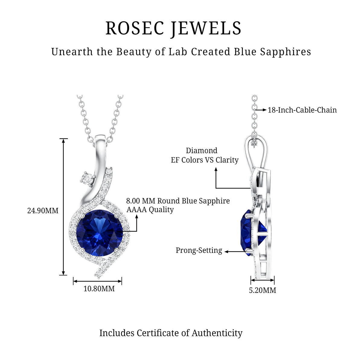 Certified Lab Grown Blue Sapphire Pendant Necklace With Diamonds AAAA - Rosec Jewels