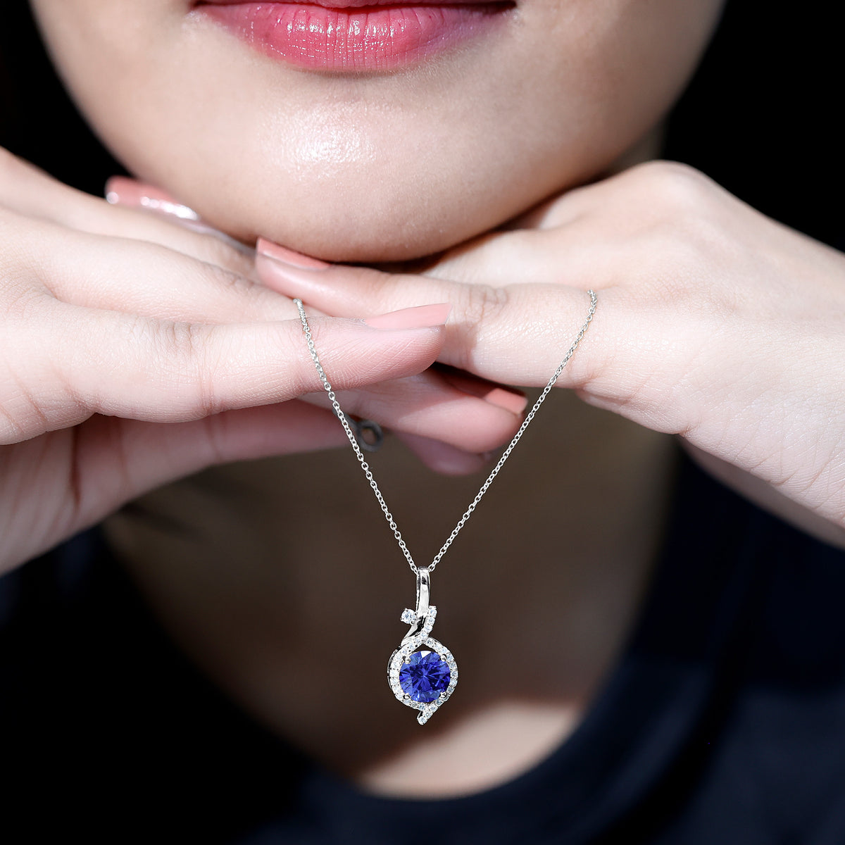 Certified Lab Grown Blue Sapphire Pendant Necklace With Diamonds AAAA - Rosec Jewels