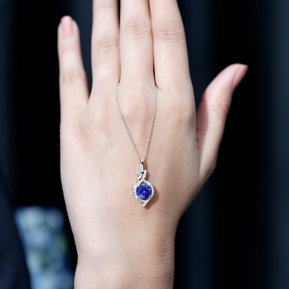 Certified Lab Grown Blue Sapphire Pendant Necklace With Diamonds AAAA - Rosec Jewels
