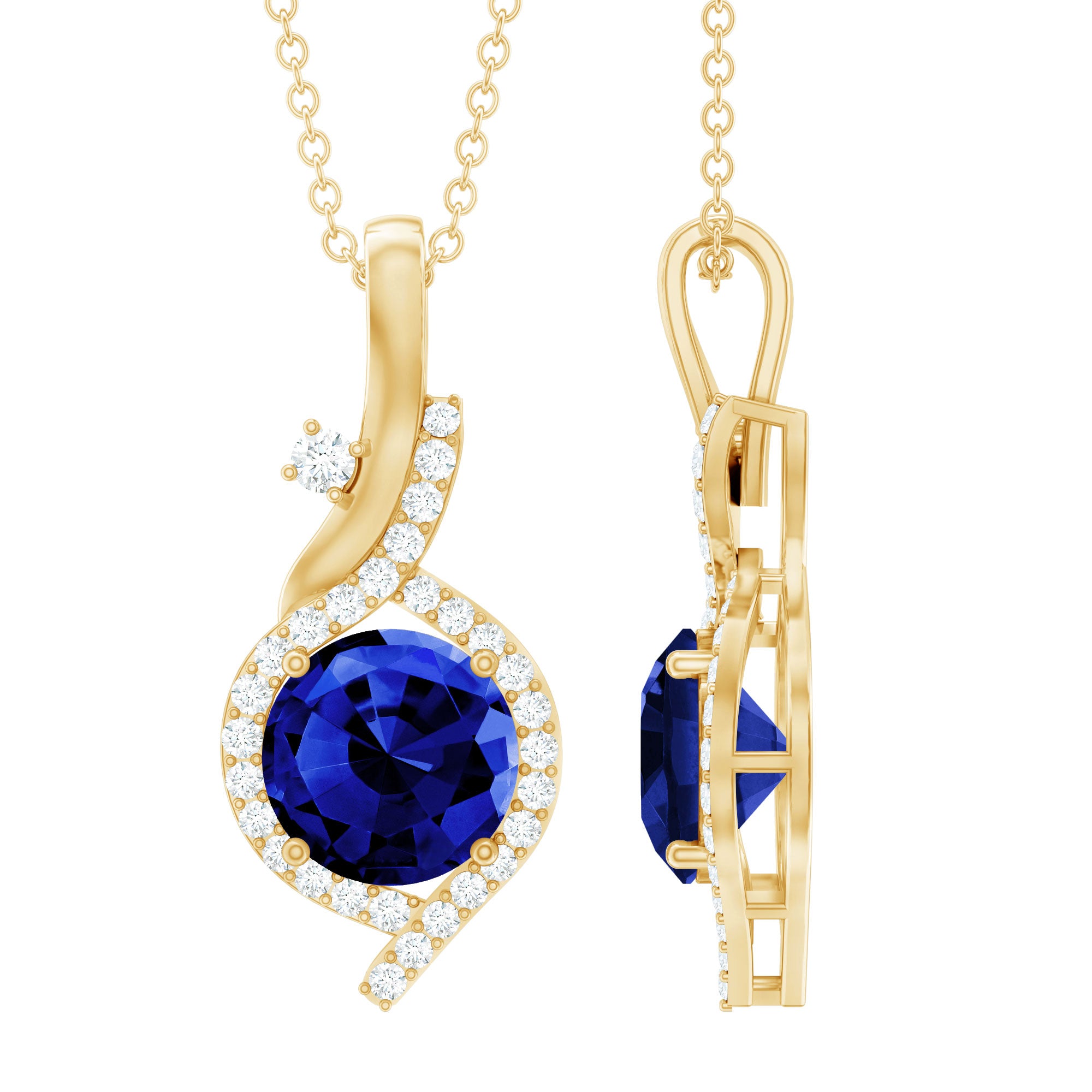 Certified Lab Grown Blue Sapphire Pendant Necklace With Diamonds AAAA - Rosec Jewels