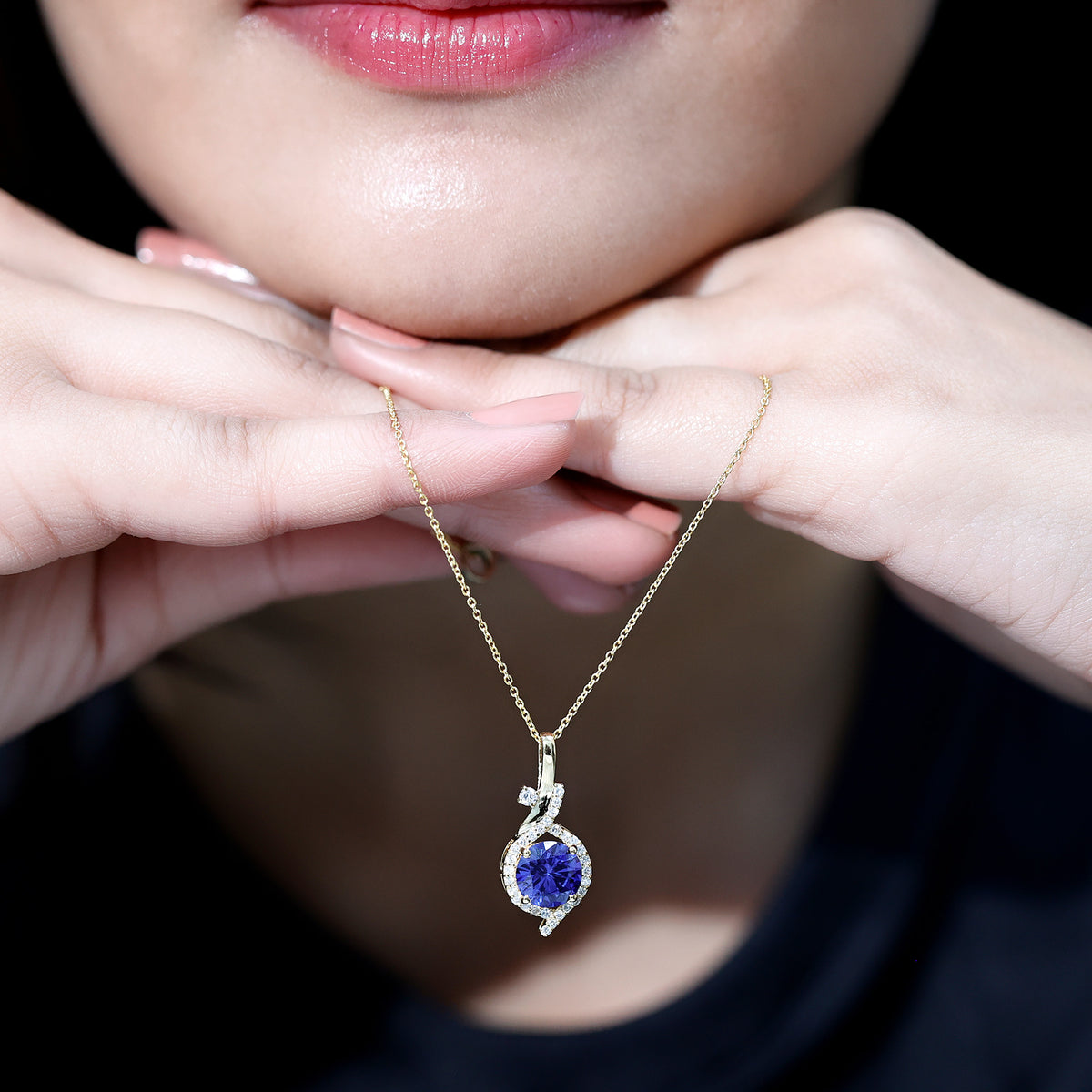 Certified Lab Grown Blue Sapphire Pendant Necklace With Diamonds AAAA - Rosec Jewels