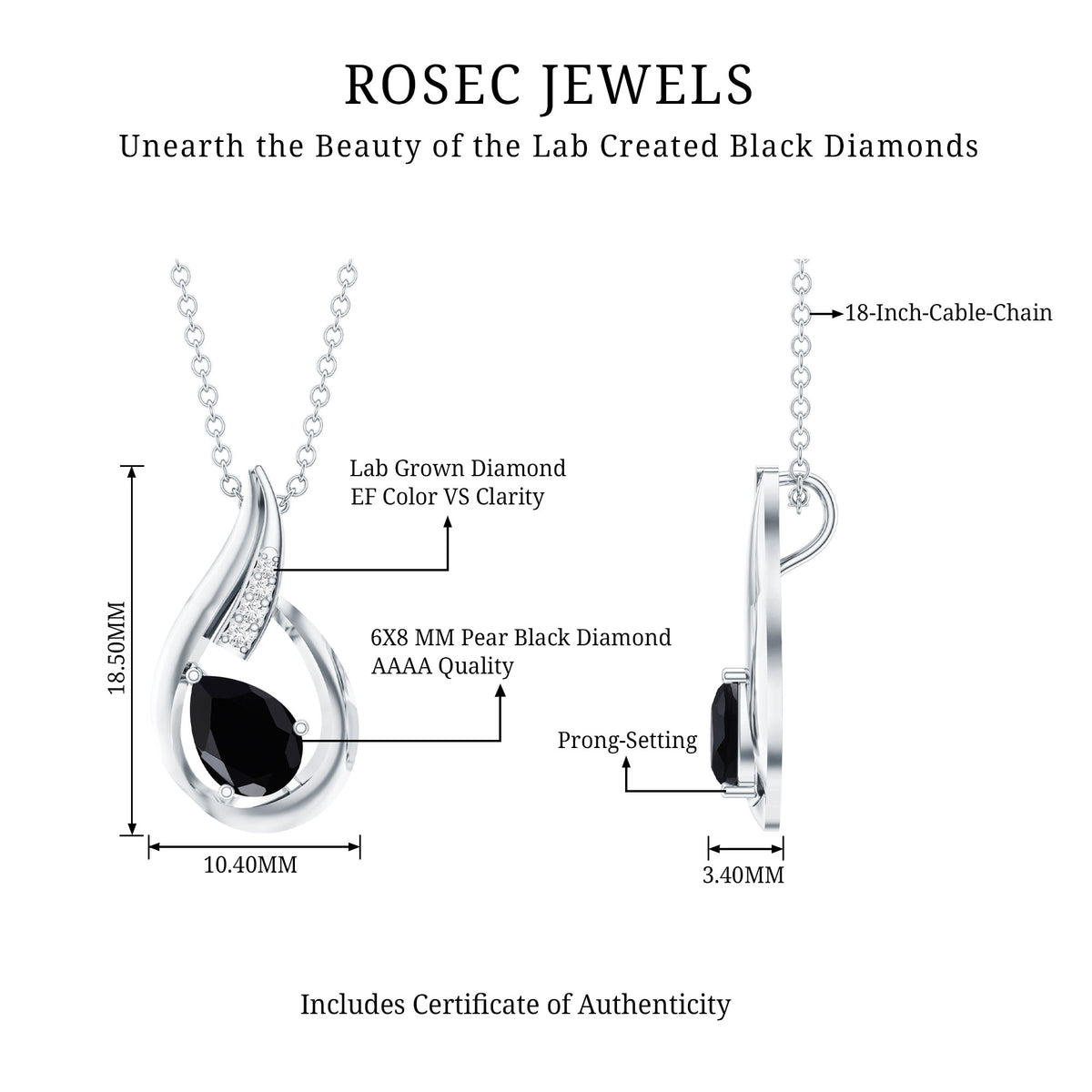 Pear Shape Lab Grown Black Diamond Designer Necklace For Women AAAA ( Synthetic ) - Rosec Jewels