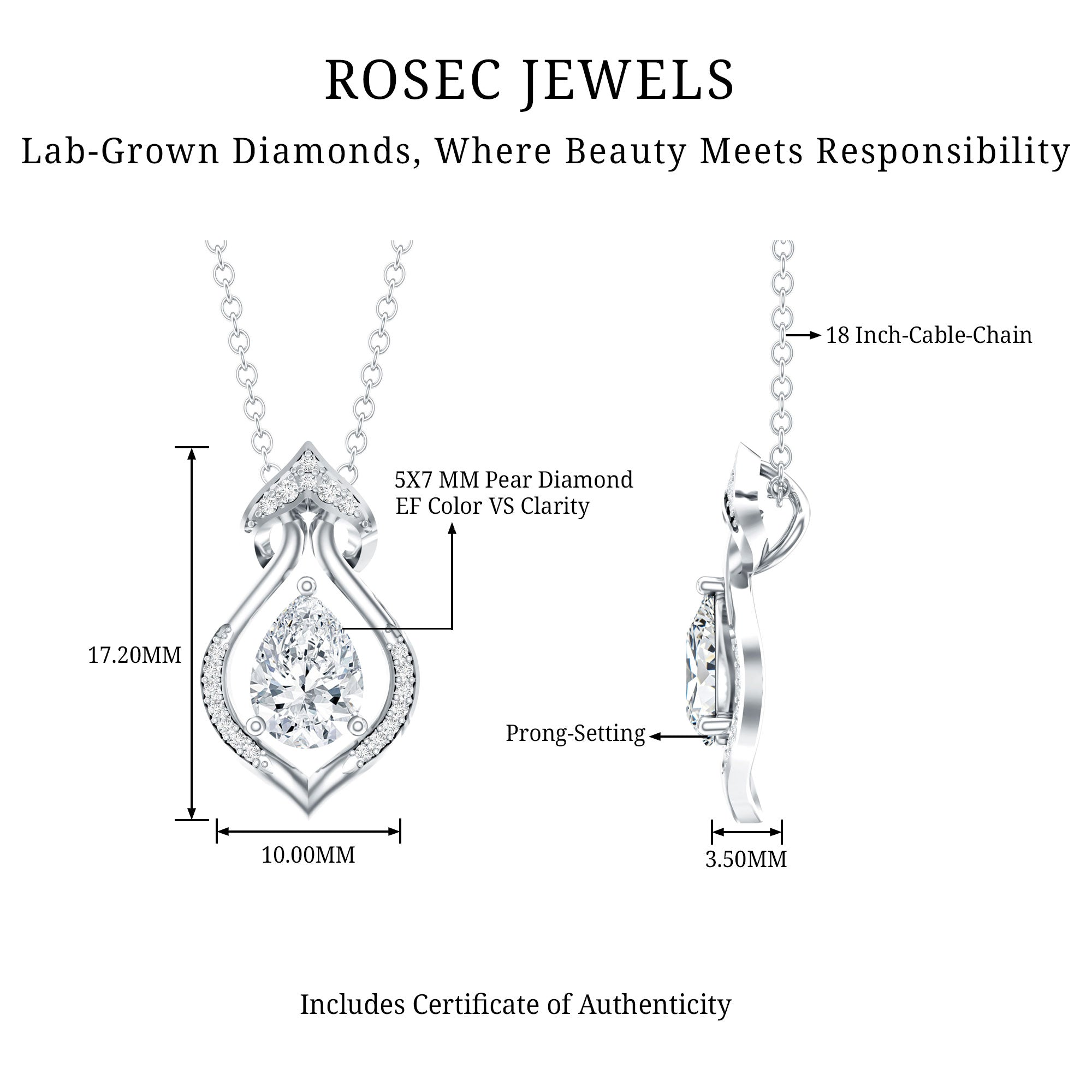 Pear Shape Lab Grown Diamond Bridal Pendant Necklace Lab - ( EF-VS ) - Rosec Jewels
