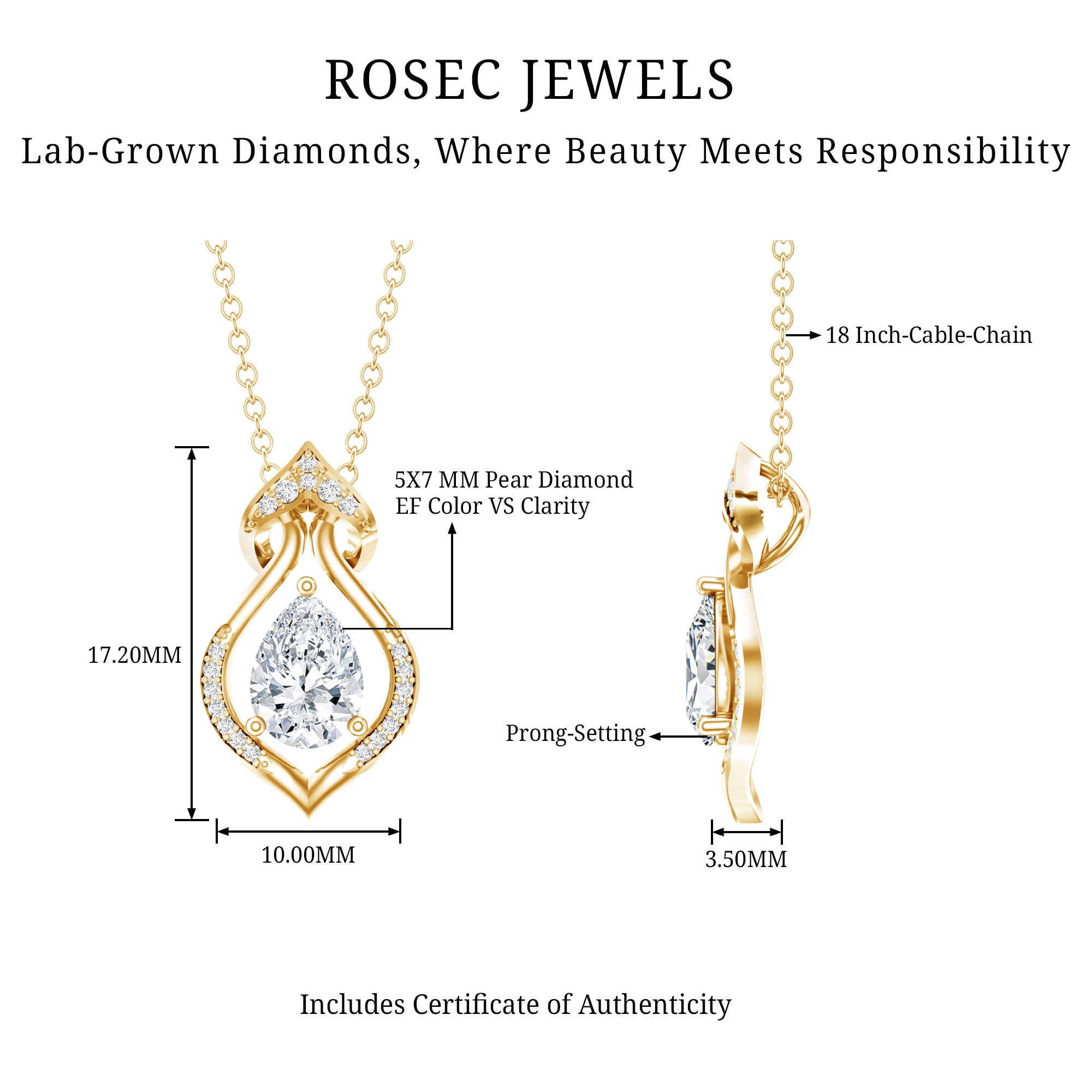 Pear Shape Lab Grown Diamond Bridal Pendant Necklace Lab - ( EF-VS ) - Rosec Jewels