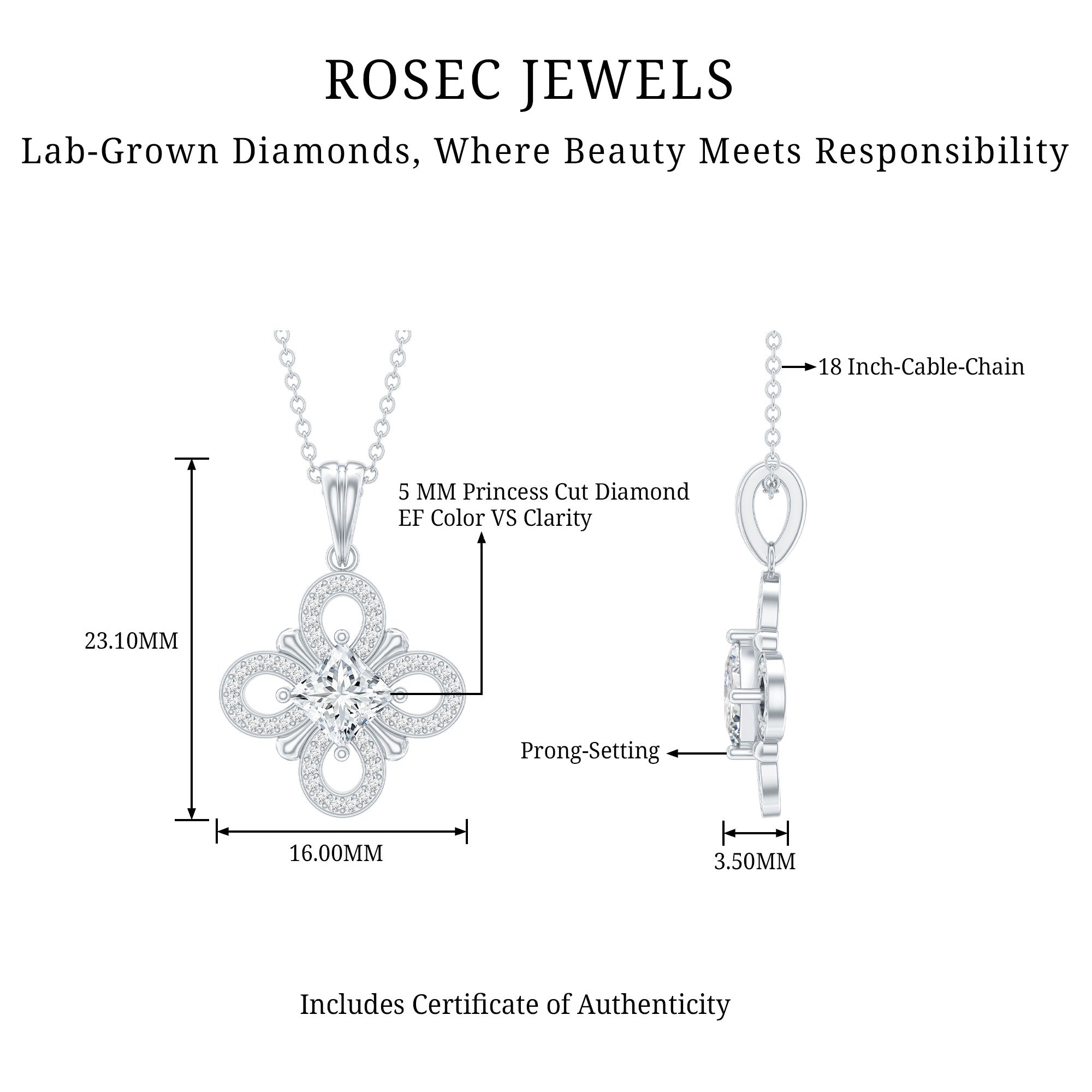 Lab Grown Diamond Vintage Inspired Pendant Necklace Lab - ( EF-VS ) - Rosec Jewels