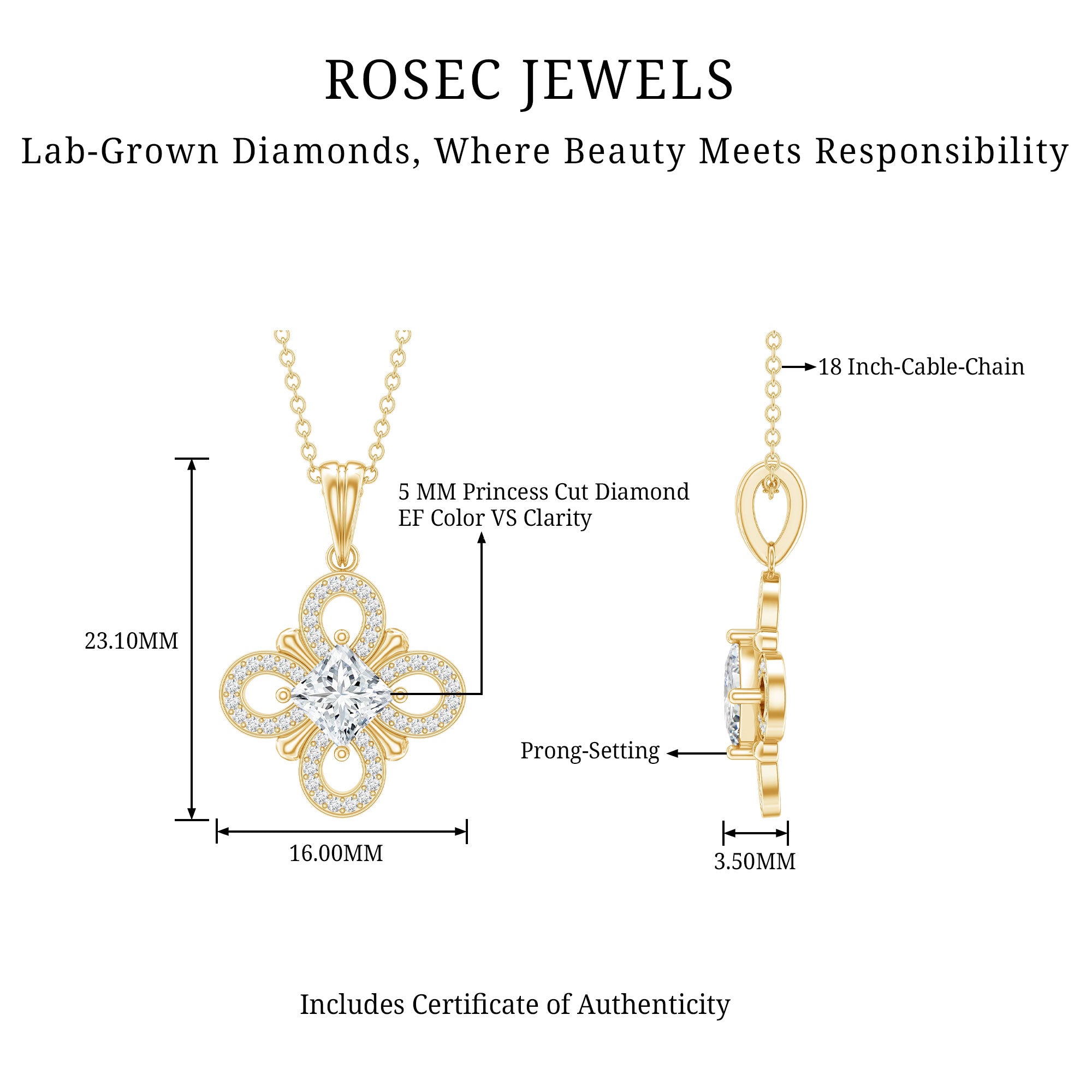 Lab Grown Diamond Vintage Inspired Pendant Necklace Lab - ( EF-VS ) - Rosec Jewels
