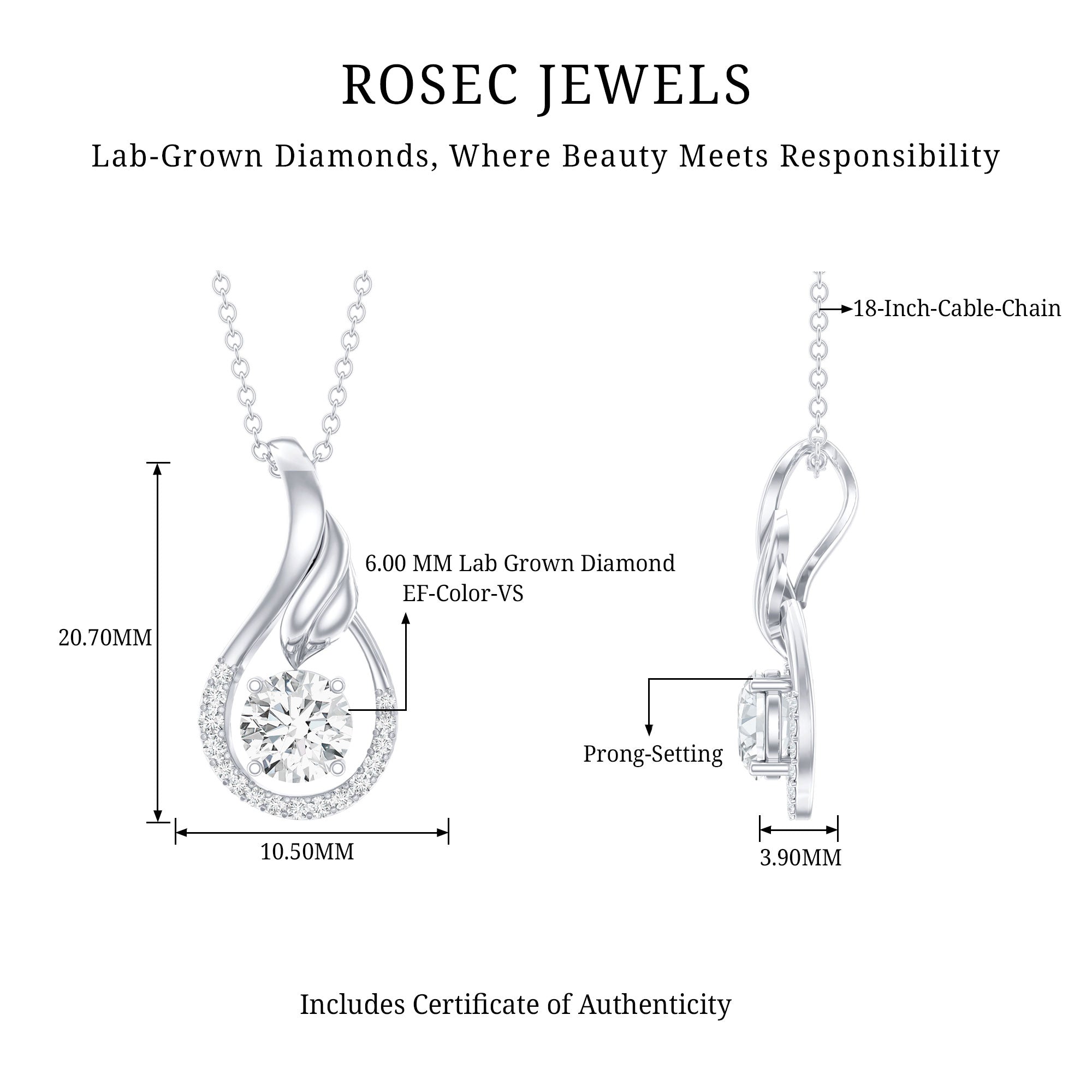 Certified Round Lab Grown Diamond Designer Pendant Necklace Lab - ( EF-VS ) - Rosec Jewels
