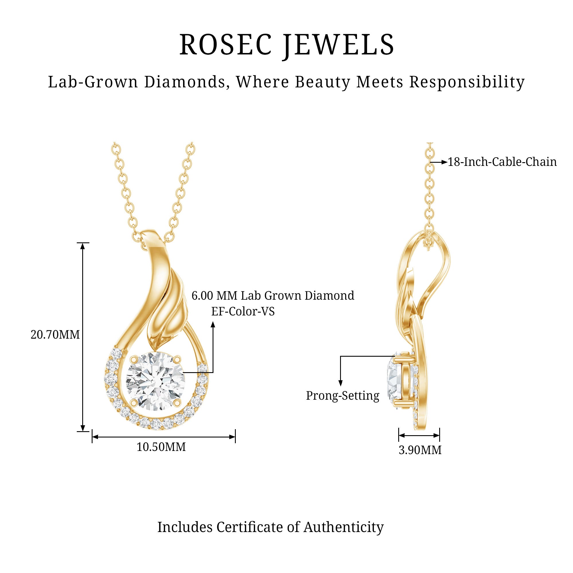 Certified Round Lab Grown Diamond Designer Pendant Necklace Lab - ( EF-VS ) - Rosec Jewels