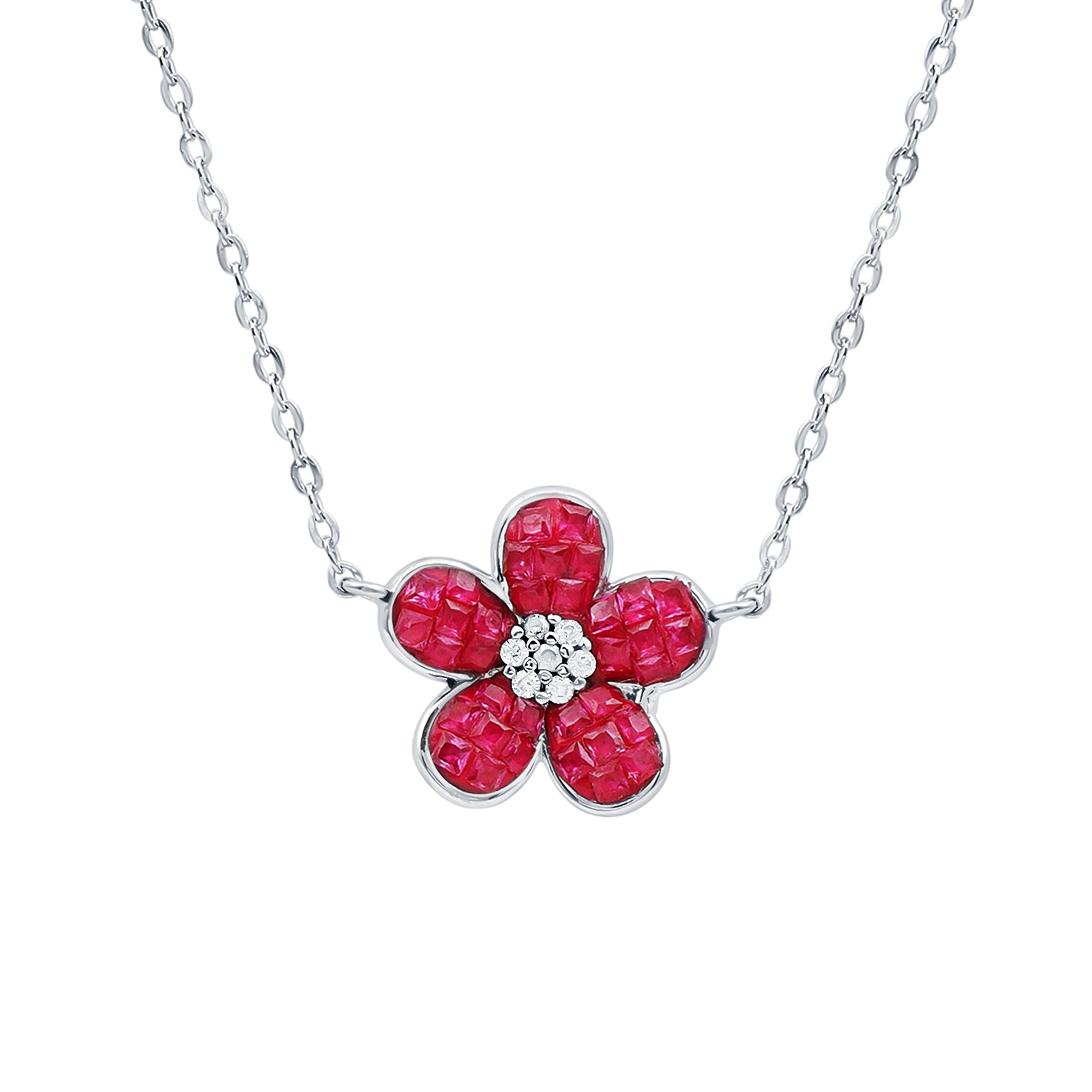 Rosec Jewels-Certified Lab Grown Ruby Flower Necklace in Silver